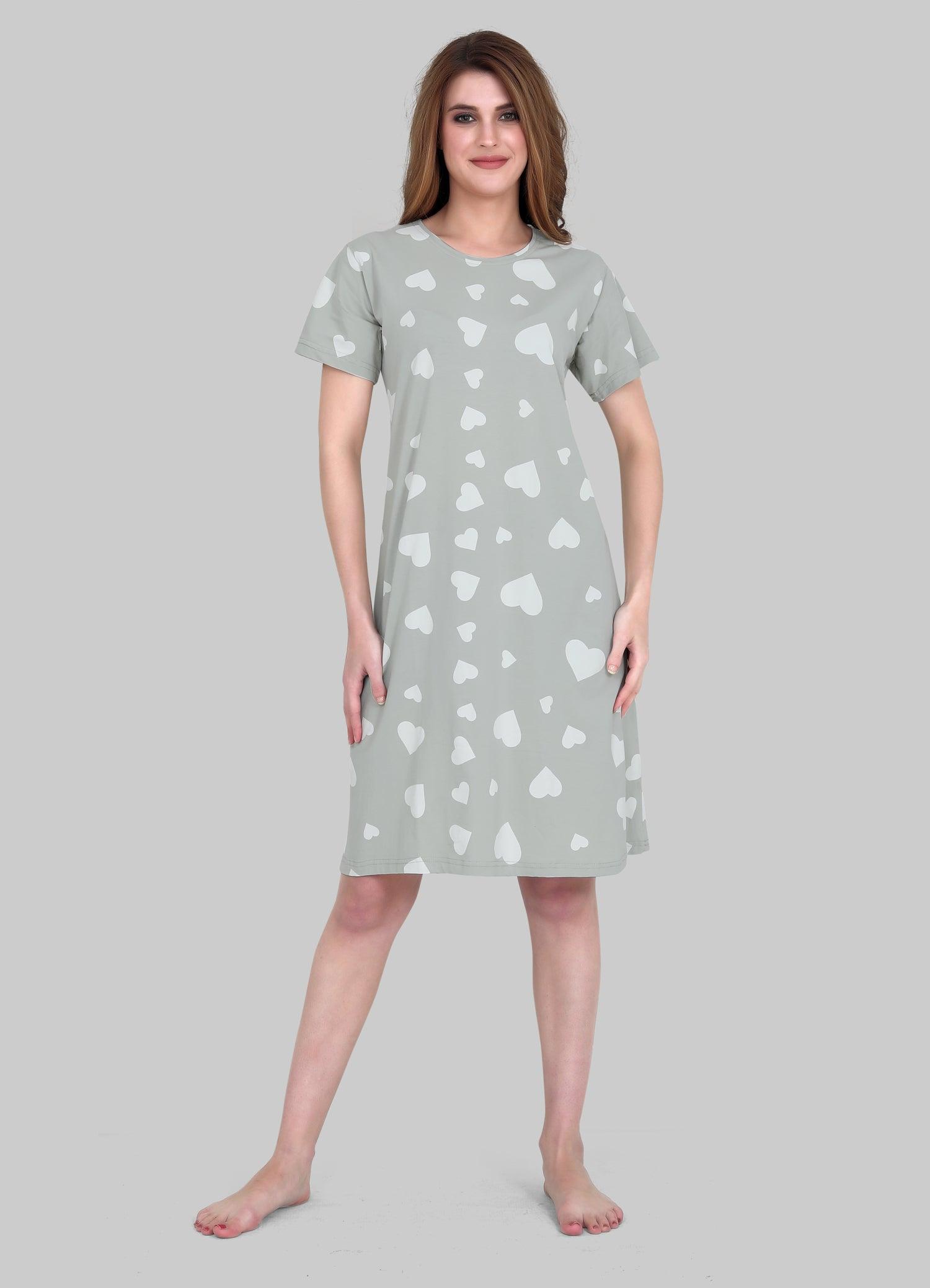 Velure Fashionable All-Over Heart Print Short Nighty - Velure - Short Nighty - Cotton, Half Sleeves, Knee Length, Printed, Round neck