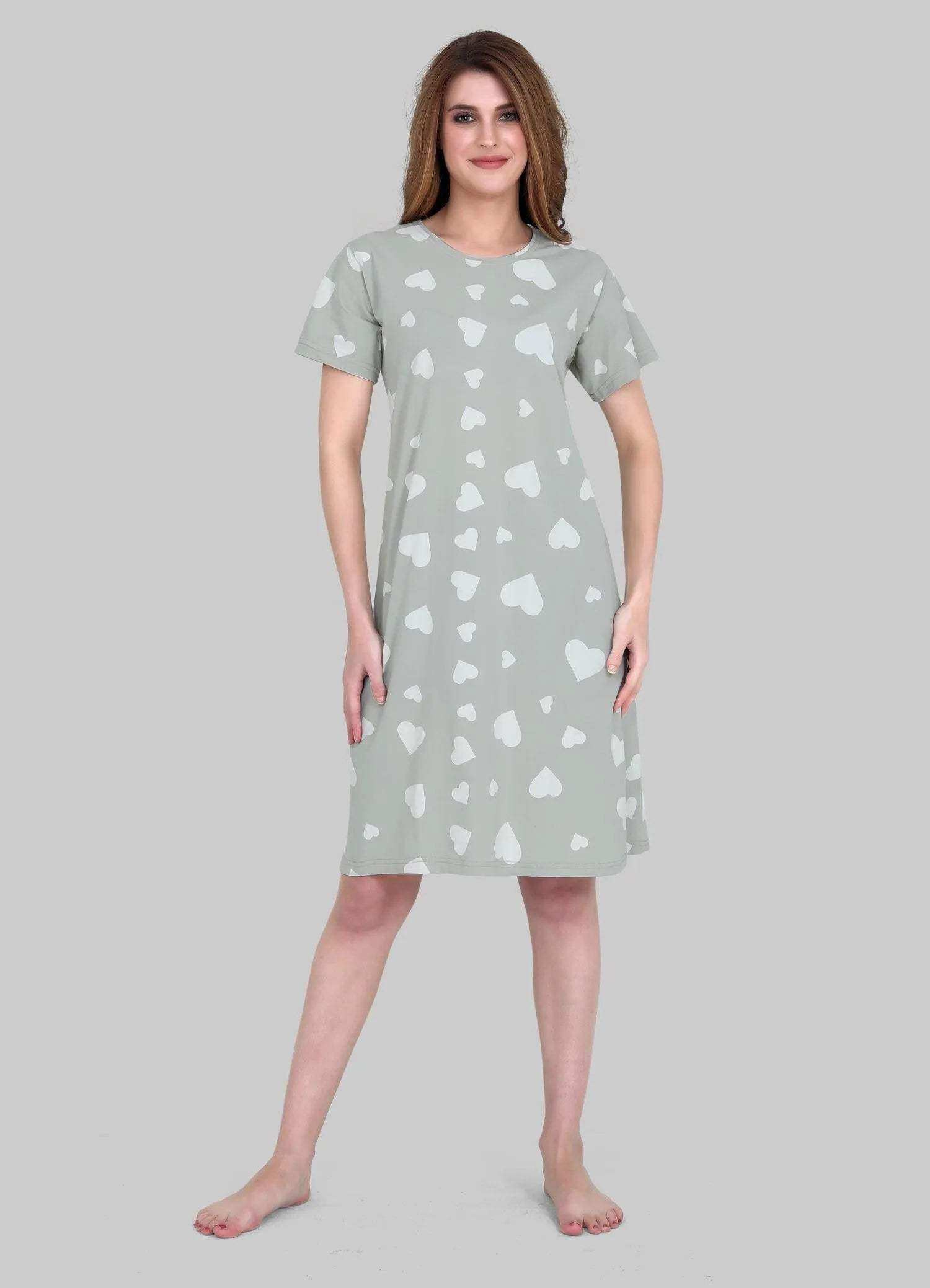 Velure Fashionable All-Over Heart Print Short Nighty - Velure - - Cotton, Half Sleeves, Knee Length, Printed, Round neck