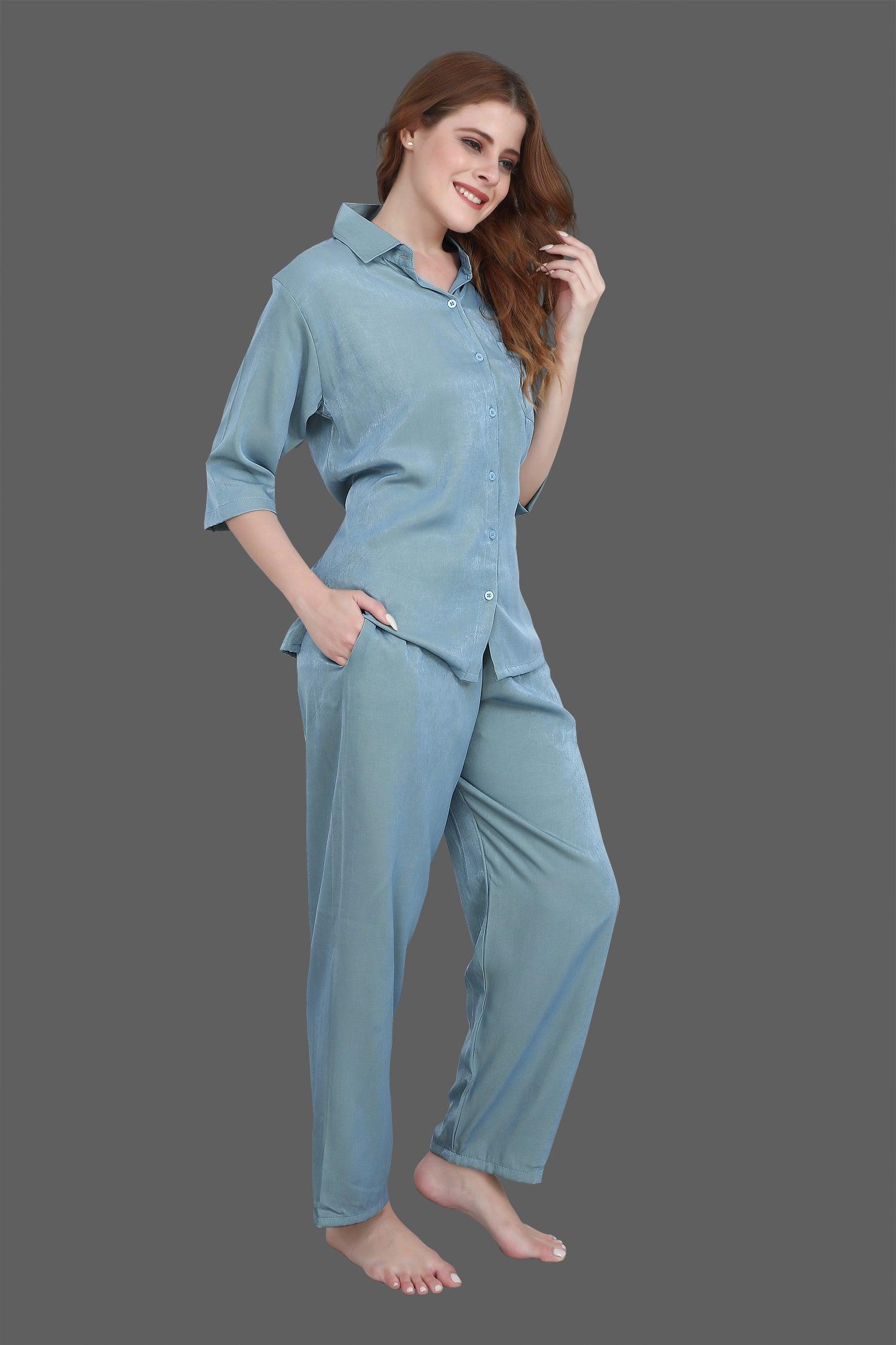 Velure Solid Blue Casual Co-ord Set - Velure - Co-ord Sets - 3/4 Sleeves, Collar Neck, Cotton, Front Button Open, Full Length Pant