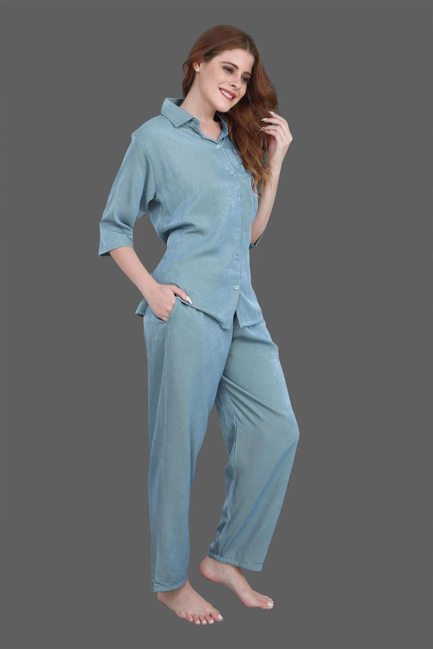 Velure Solid Blue Casual Co-ord Set - Velure - - 3/4 Sleeves, Collar Neck, Cotton, Front Button Open, Full Length Pant