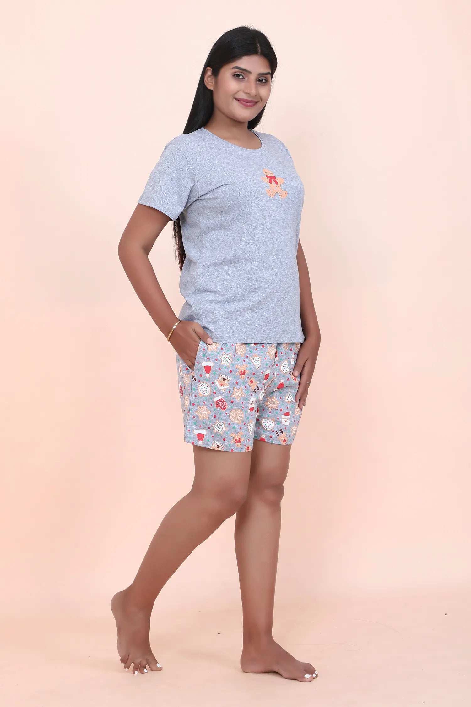 Velure Playful Gingerbread Print Shorts Set - Velure - - Cotton, Cotton Lycra Fabric, Half Sleeves, Printed, Round neck