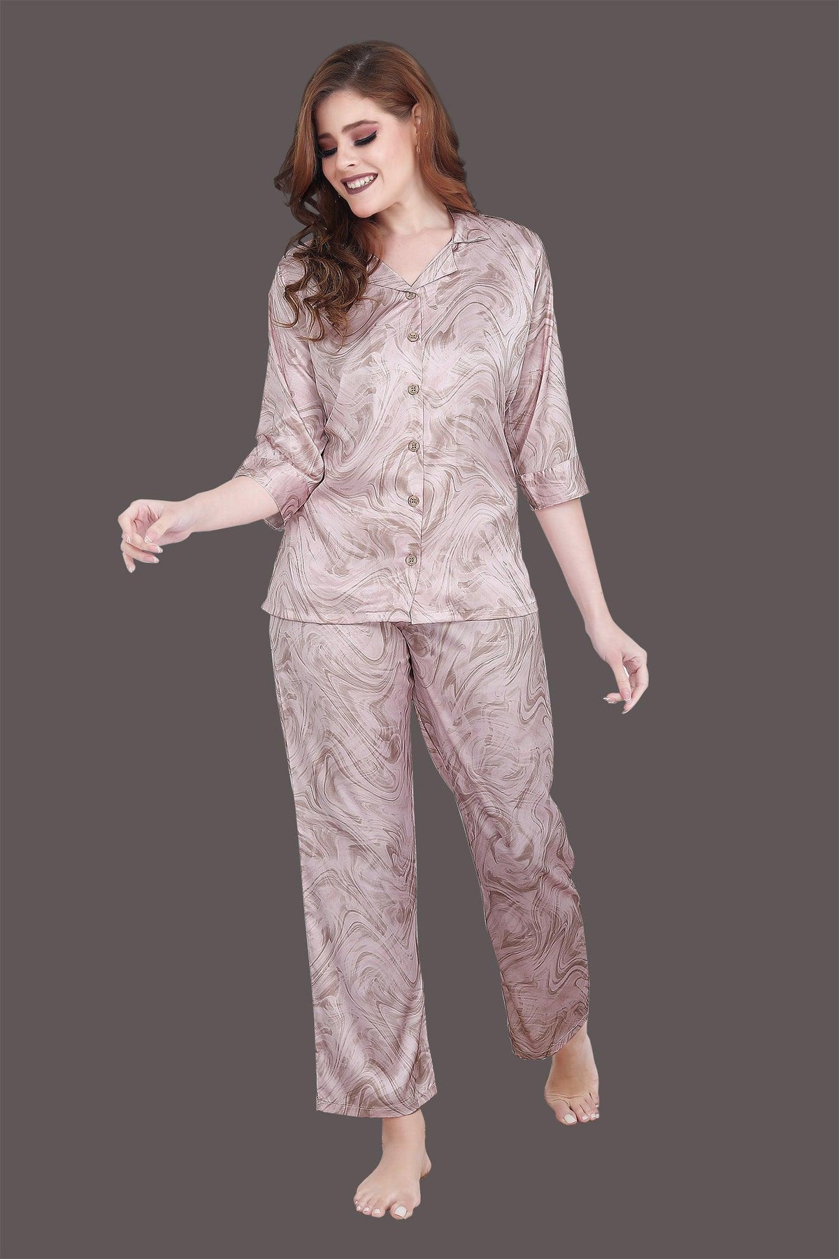 Velure Abstract Swirl Print Satin Night Suit - Velure - Shirt and Pant - 3/4 Sleeves, Collar Neck, Front Button Open, Full Length Pant, Satin