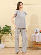 Velure Radiant Grey Floral Printed Pajama Set - Velure - - Cotton Lycra Fabric, Full Length Pant, Half Sleeves, Round neck nightsuit