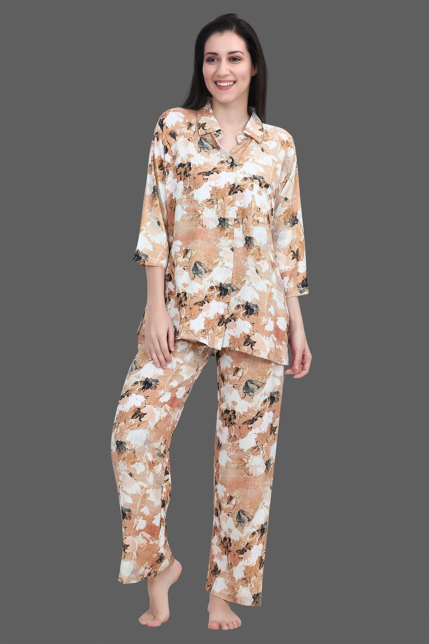 Velure Classic Floral Print Palazzo Co-ord Set - Velure - Long Top and Pant - 3/4 Sleeves, Collar Neck, Front Button Open, Full Length Pant, Linen