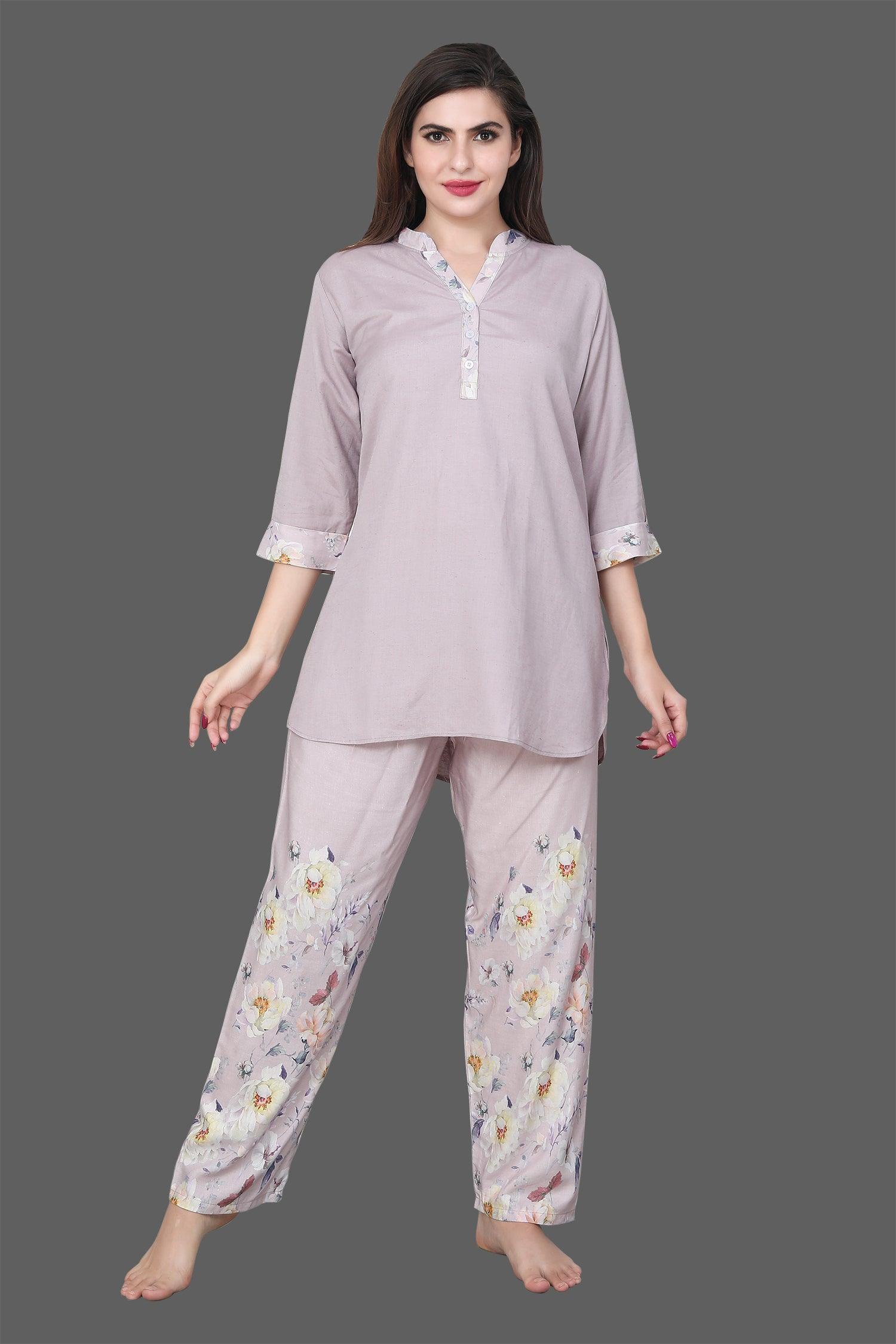 Velure Sleek Floral Print Kurti Style Night Suit - Velure - Long Top and Pant - 3/4 Sleeves, Collar Neck, Full Length Pant, Linen, Printed