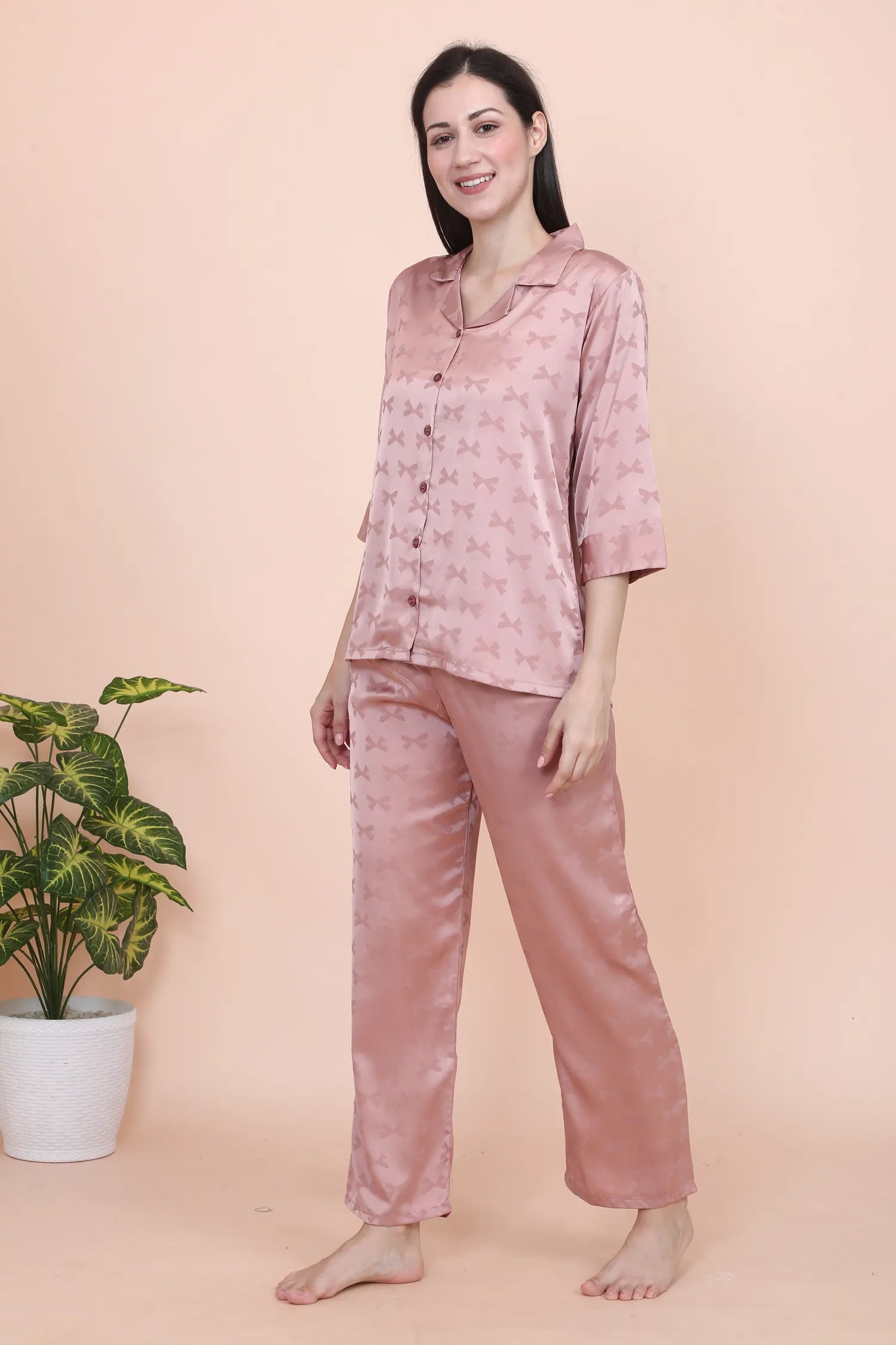 Velure Stunning Peach Bow Print Satin Night Suit