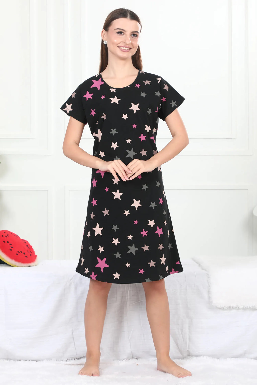 Velure Glossy Black Star Print Short Nighty - Velure - - Cotton, Half Sleeves, Knee Length, Printed, Round neck