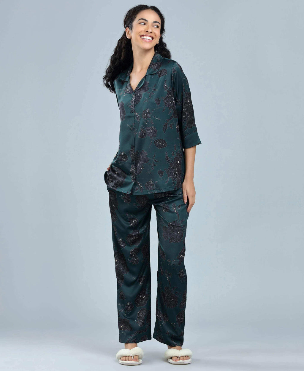 Velure Delightful Floral Satin Print Night Suit - Velure - - Collar Neck, Floral Print, Front Button Open, Full Length Pant, Satin