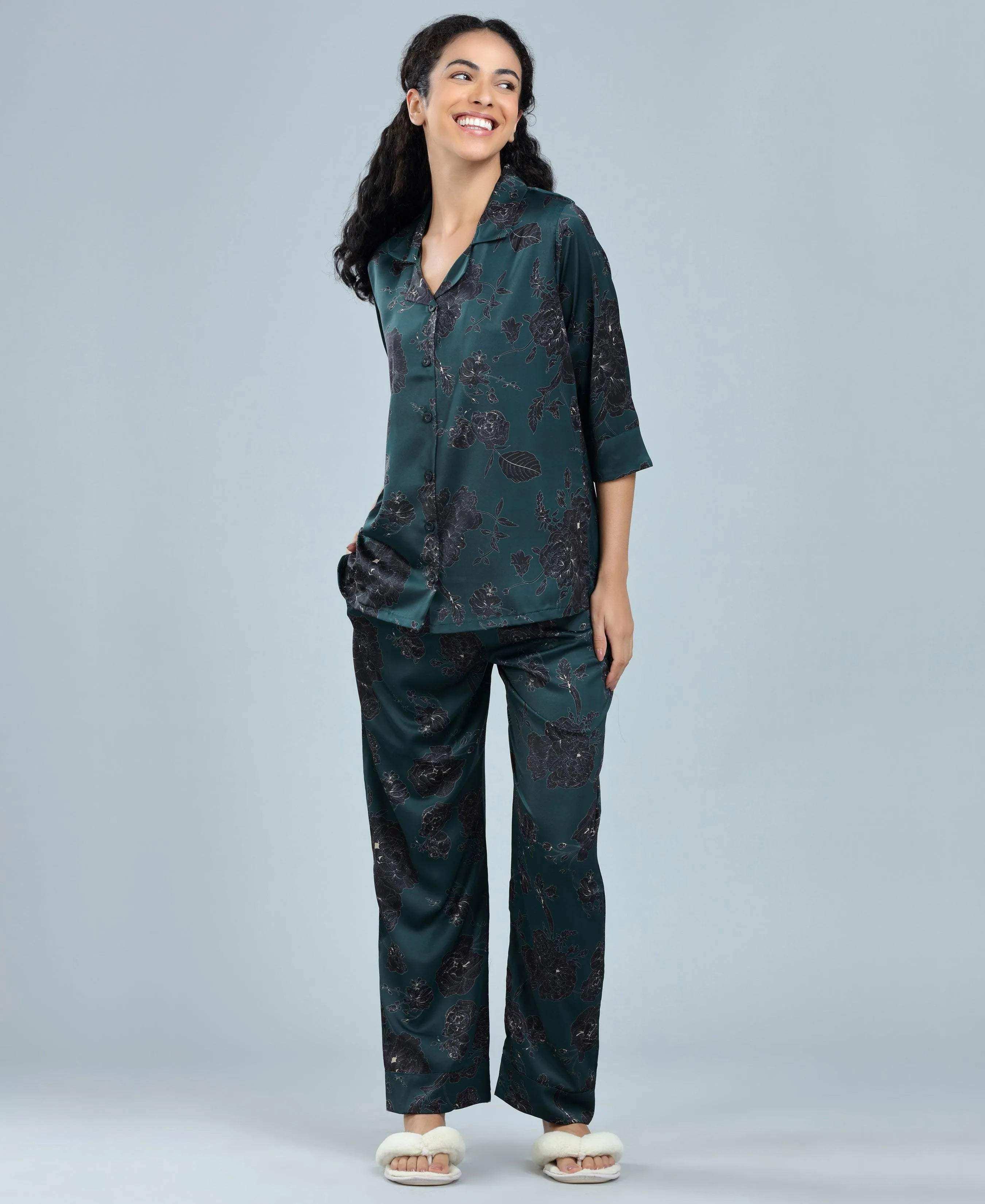 Velure Delightful Floral Satin Print Night Suit - Velure - - Collar Neck, Floral Print, Front Button Open, Full Length Pant, Satin