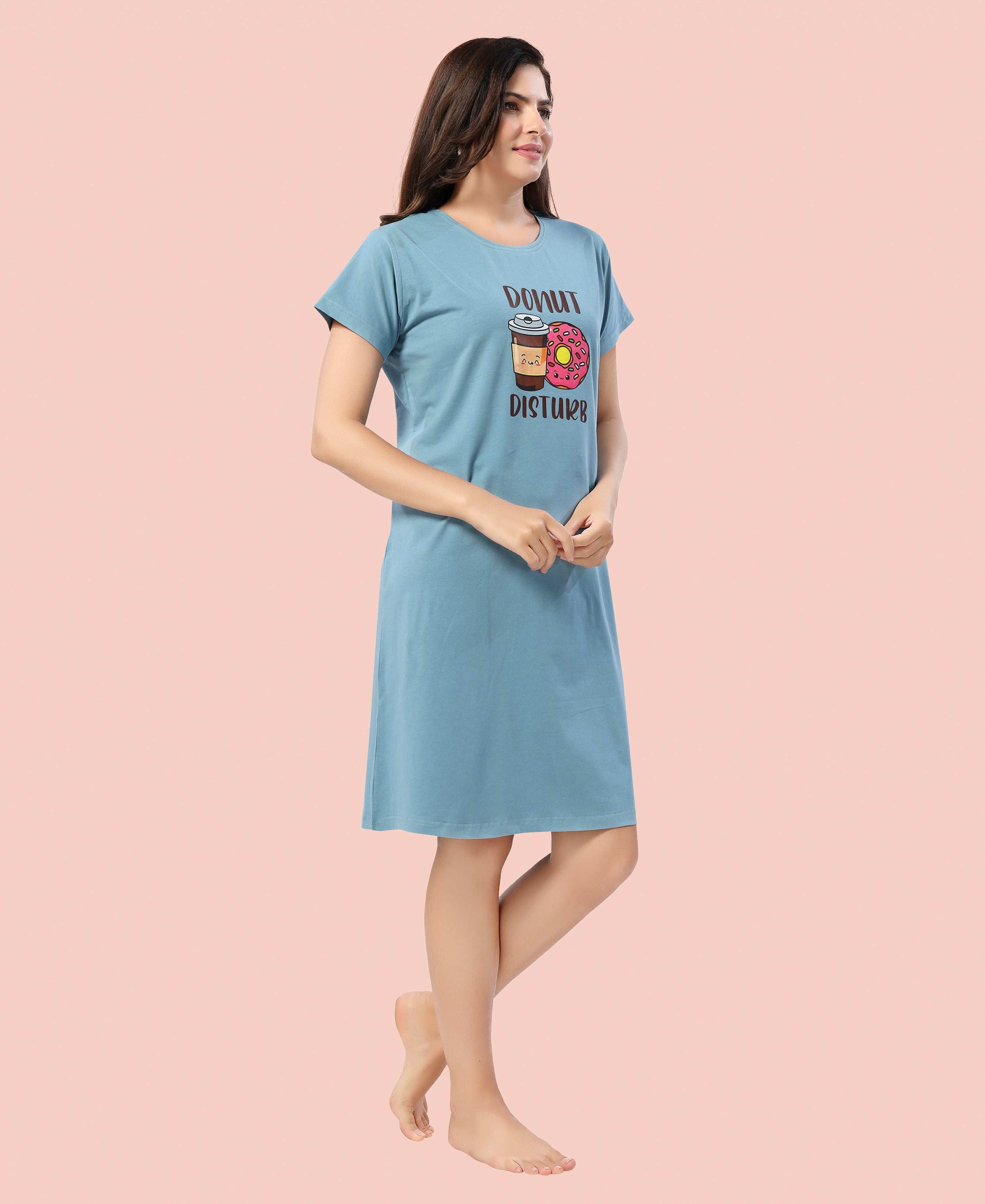 Velure Cheerful Donut Printed Short Nighty - Velure - - Cotton, Half Sleeves, Knee Length, Printed, Round neck