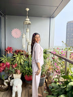 Velure Pink Cotton Breeze
 Night Suit - Velure - - 3/4 Sleeves, Collar Neck, Cotton, Detail-scallop, Front Button Open, Full Length Pant