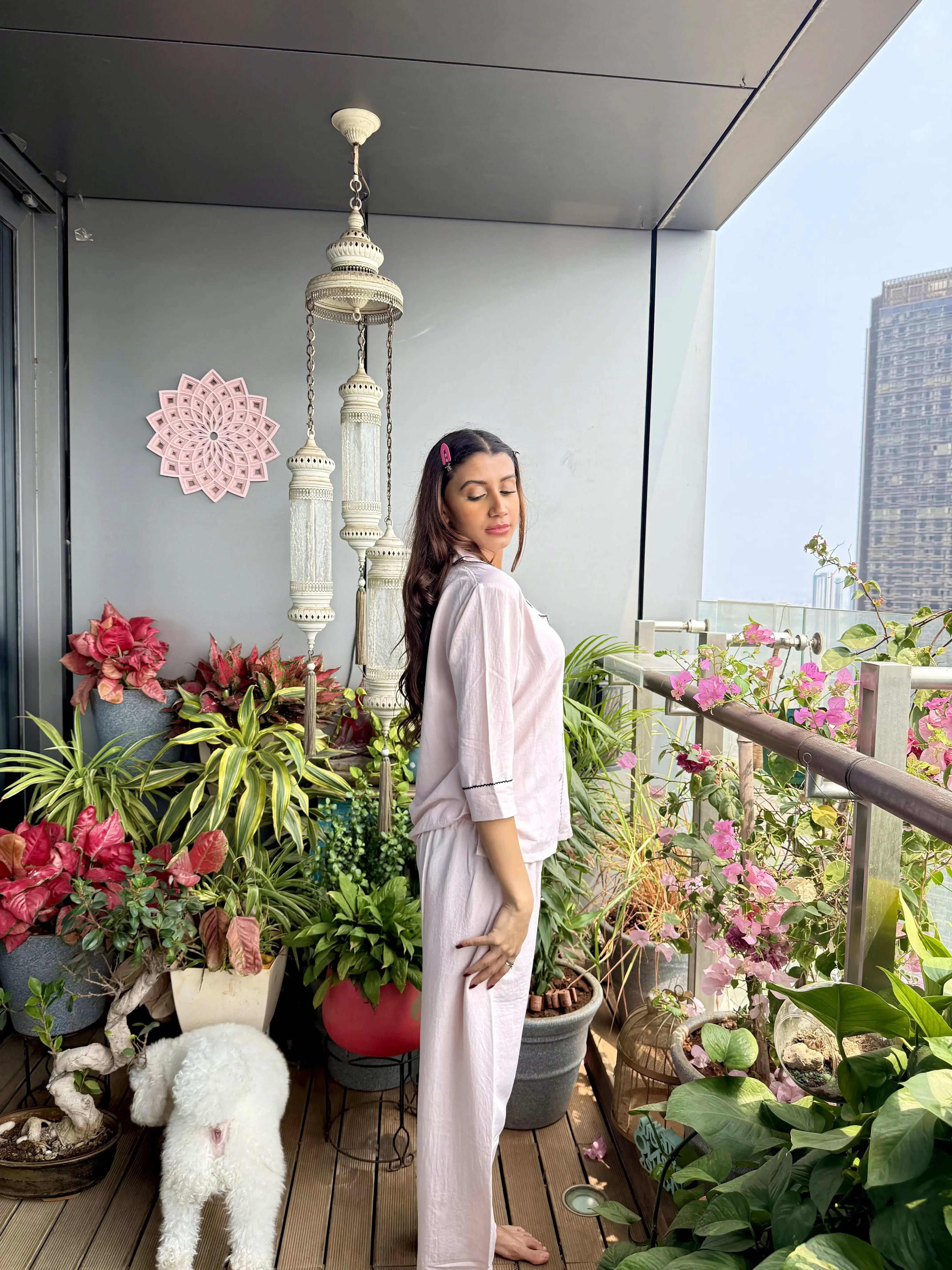 Velure Pink Cotton Breeze
 Night Suit - Velure - - 3/4 Sleeves, Collar Neck, Cotton, Detail-scallop, Front Button Open, Full Length Pant