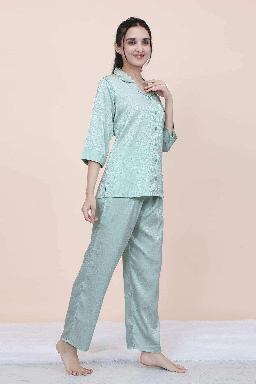Velure Abstract Floral Print Satin Night Suit - Velure - - 3/4 Sleeves, Collar Neck, Floral Print, Front Button Open, Full Length Pant, Satin