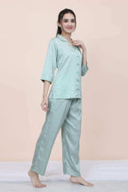 Velure Abstract Floral Print Satin Night Suit - Velure - - 3/4 Sleeves, Collar Neck, Floral Print, Front Button Open, Full Length Pant, Satin