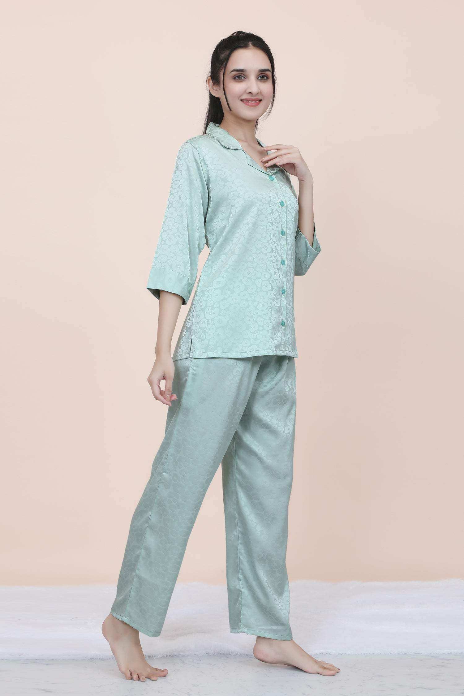 Velure Abstract Floral Print Satin Night Suit - Velure - - 3/4 Sleeves, Collar Neck, Floral Print, Front Button Open, Full Length Pant, Satin