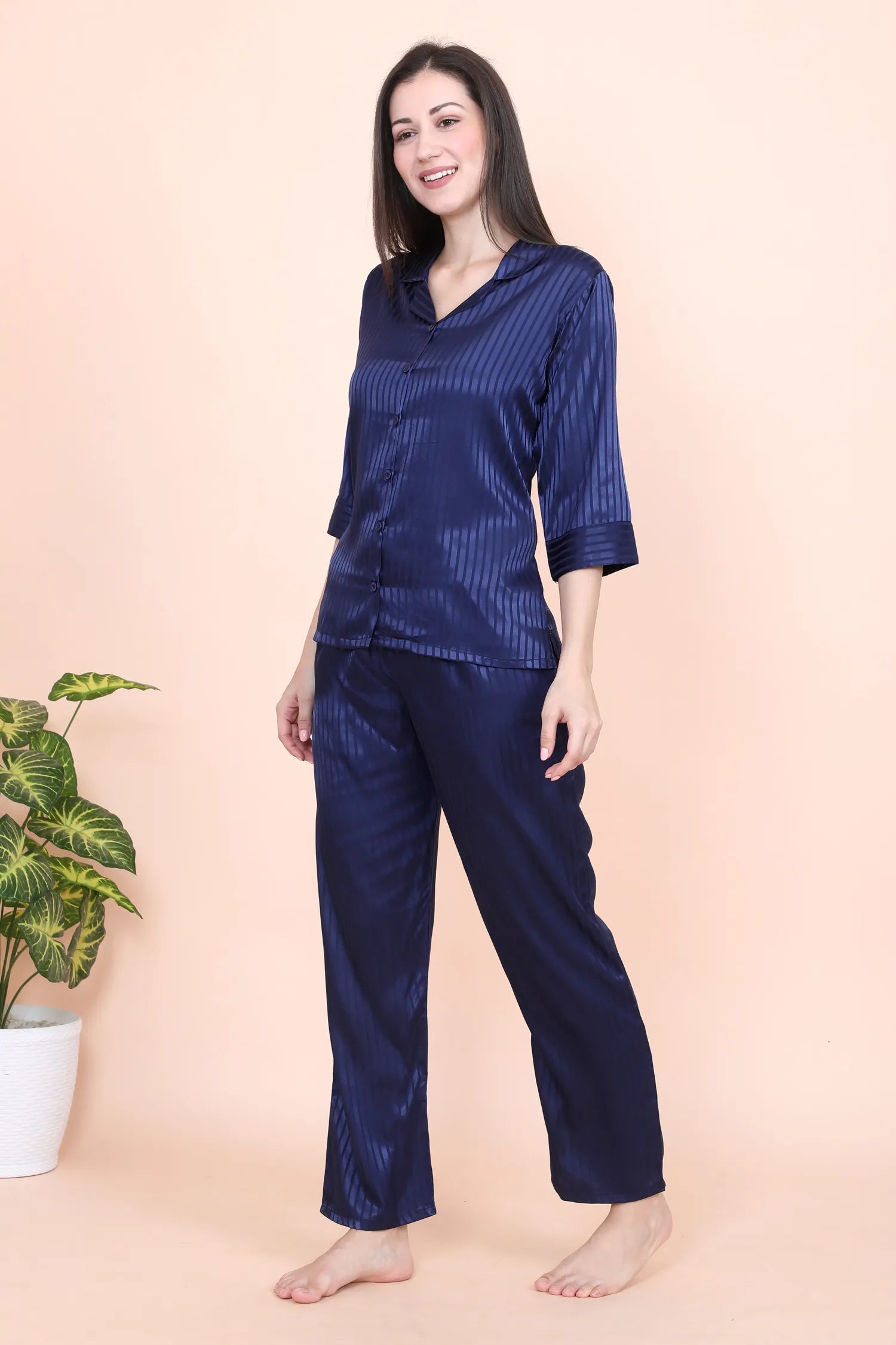 Velure Blue Casual Stripes Satin Night Suit