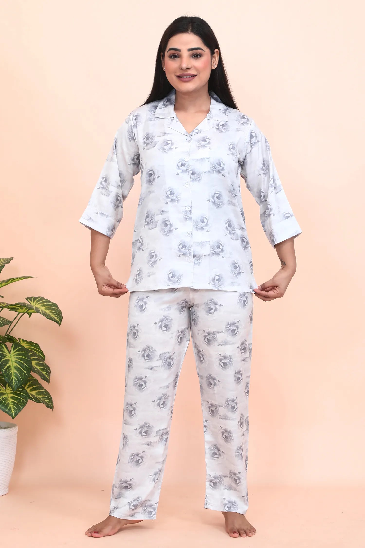 Velure Rose Print Night Suit - Velure - - 3/4 Sleeves, Collar Neck, Floral Print, Front Button Open, Full Length Pant, Satin