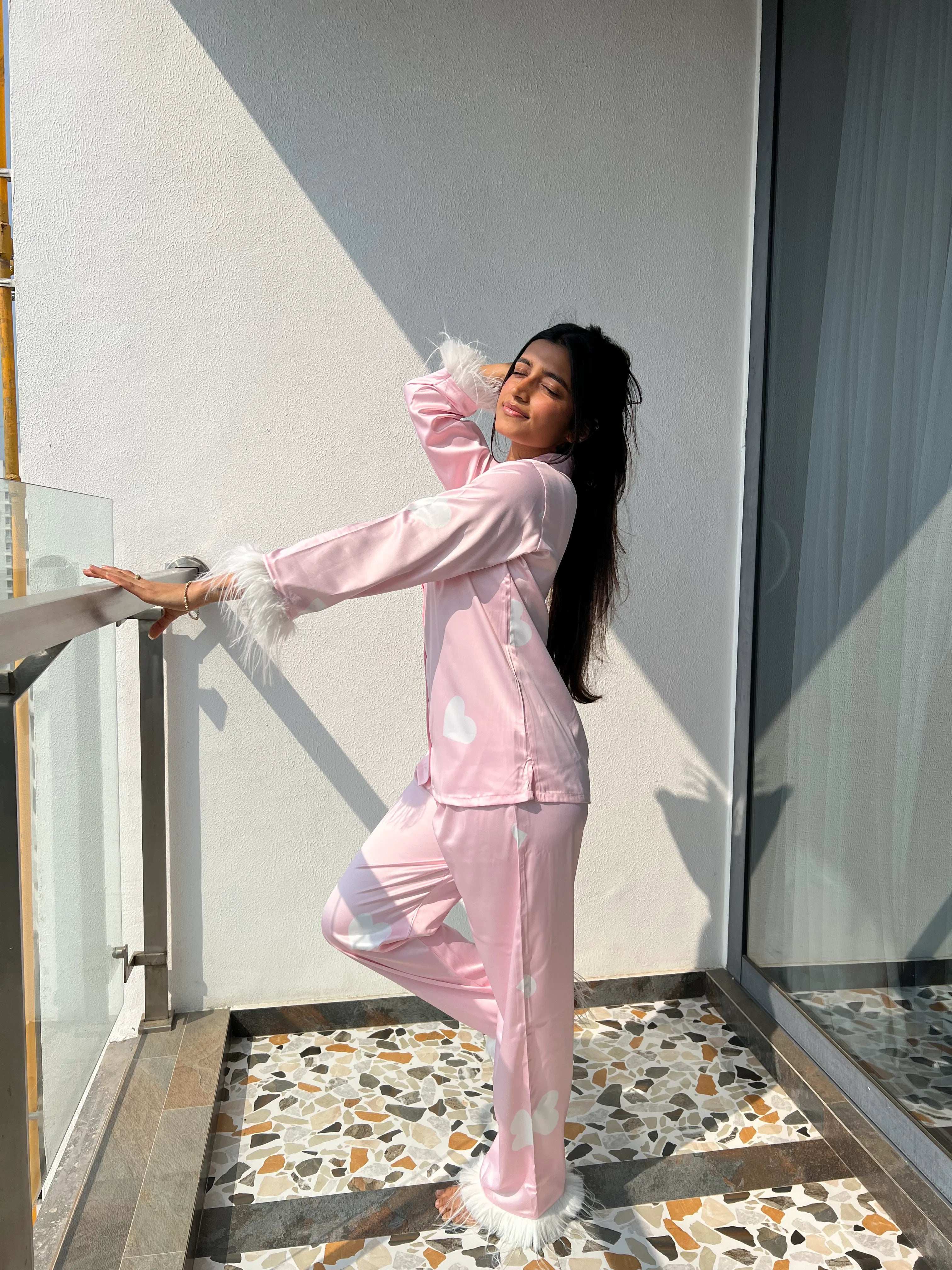 Velure Elegant Heart Print Satin Fur Night Suit - Velure - Shirt and Pant - Detail-printedfur, Front Button Open, Full Length Pant, Fur, Satin