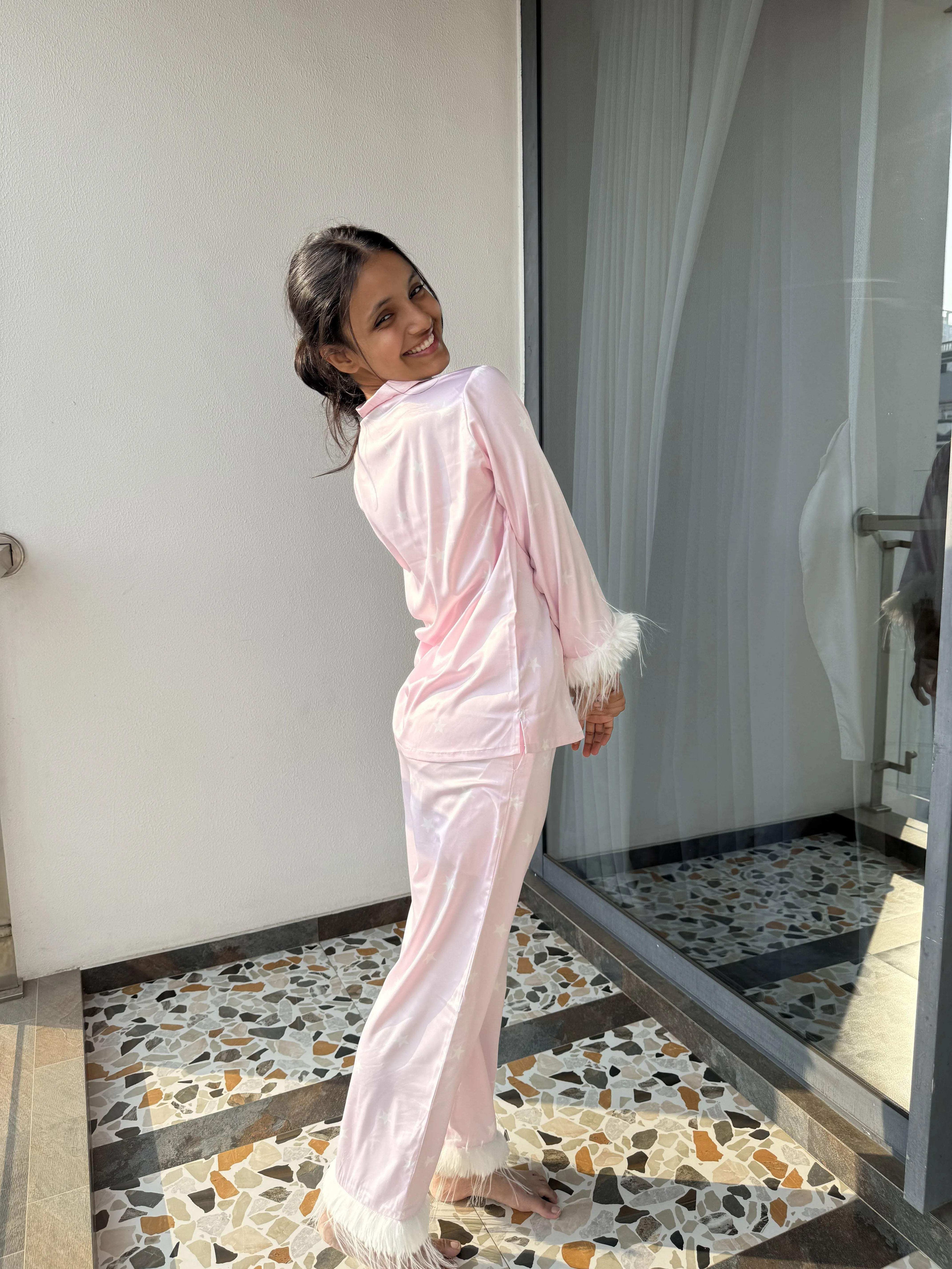 Velure Adorable Star Print Satin Night Suit - Velure - - Detail-printedfur, Front Button Open, Full Length Pant, Fur, Satin