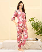 Velure Stylish Floral Print Night Suit - Velure - - 3/4 Sleeves, Collar Neck, Floral Print, Front Button Open, Full Length Pant, Satin