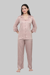 Velure Classic Shiny Satin Night Suit - Velure - - 3/4 Sleeves, Collar Neck, Front Button Open, Satin