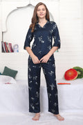 Velure Glamorous Floral Print Satin Night Suit - Velure - - 3/4 Sleeves, Collar Neck, Floral Print, Front Button Open, Full Length Pant, Satin