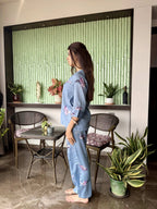 Velure Timeless Flamingo Print Cotton Night Suit - Velure - - 3/4 Sleeves, Collar Neck, Cotton, Front Button Open, Full Length Pant