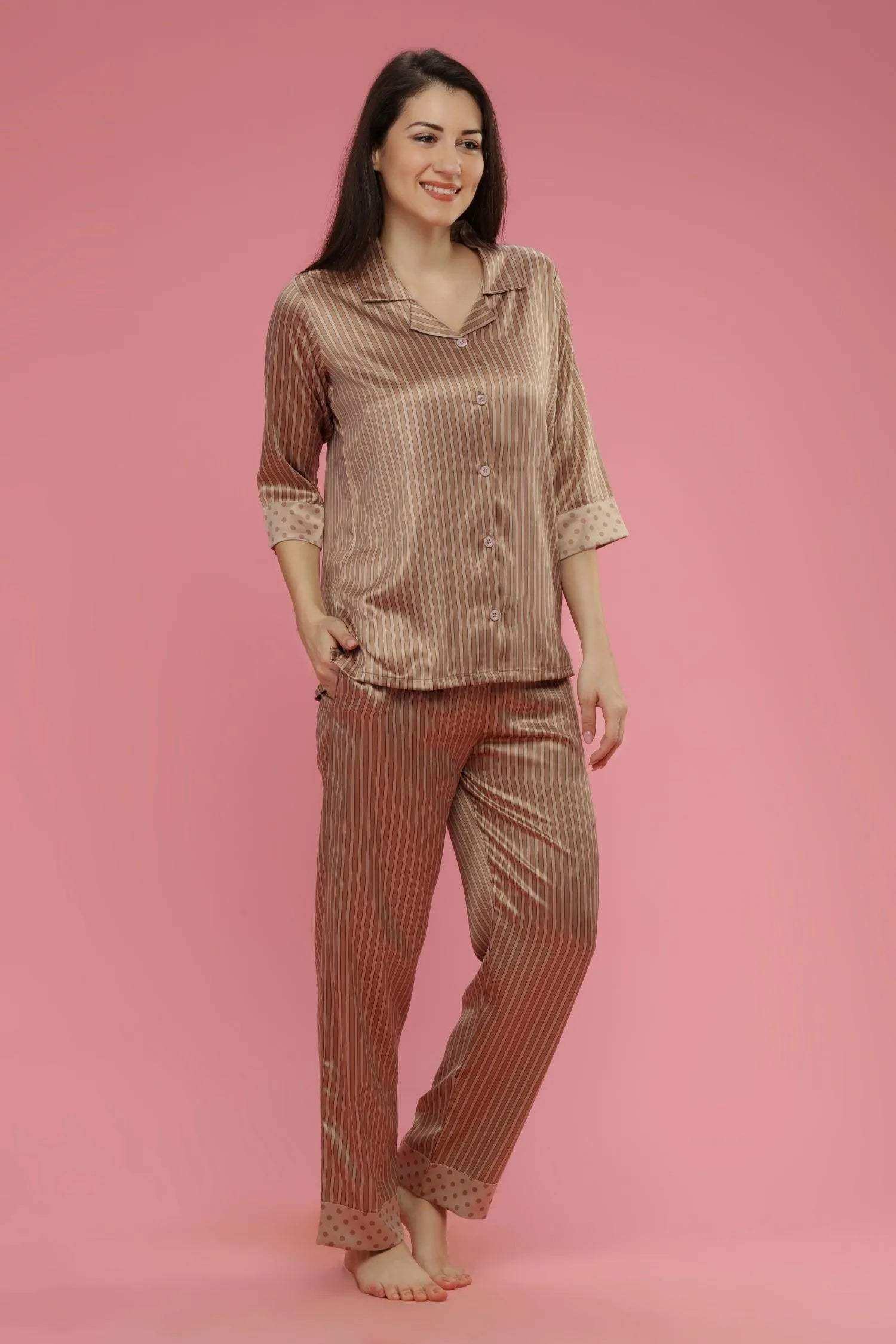 Velure All Over Stripes Satin Set - Velure - Shirt and Pant - 3/4 Sleeves, Collar Neck, Front Button Open, Full Length Pant, Satin, Stripes