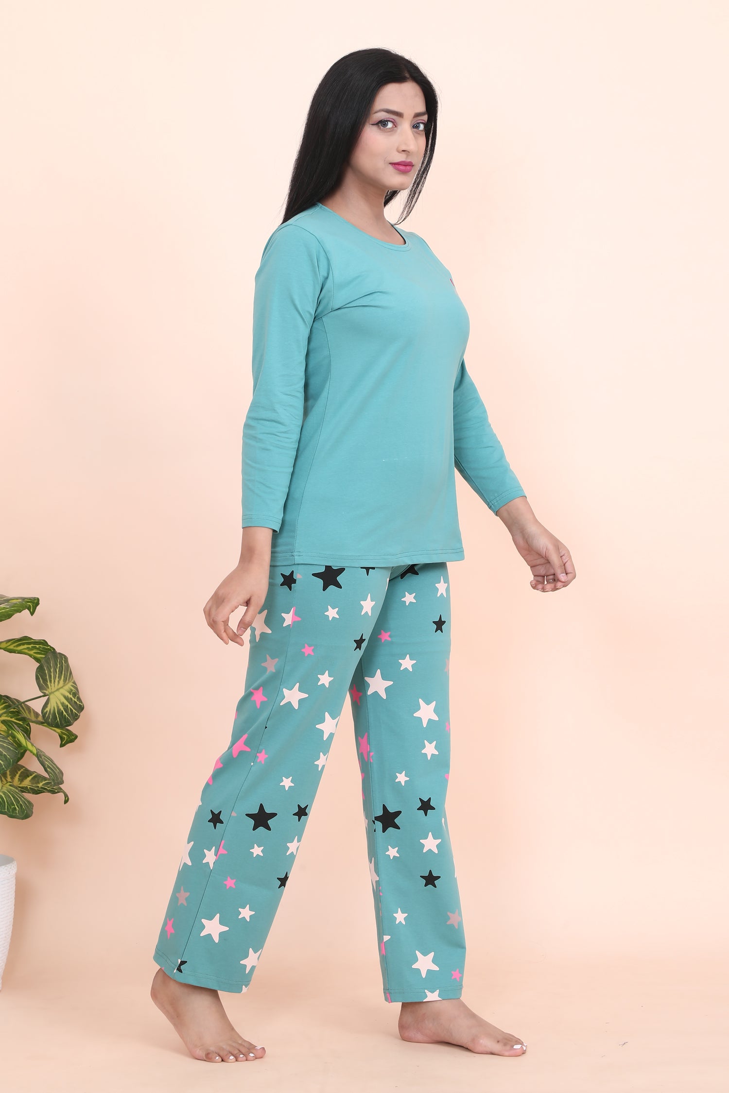Velure Classic Star Print Full Sleeves Pajama Set - Velure - - Cotton Lycra Fabric, Full Length Pant, Full Sleeves, Round neck nightsuit