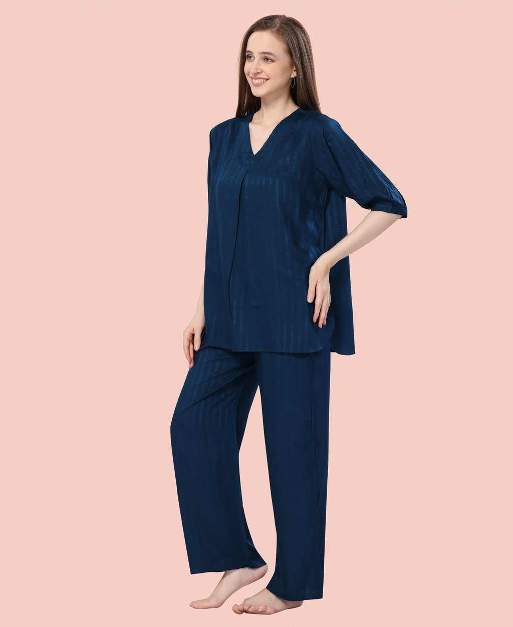 Velure Stylish Teal Blue Kurti Style Night Suit - Velure - - 3/4 Sleeves, Collar Neck, Cotton, Front Button Open, Full Length Pant