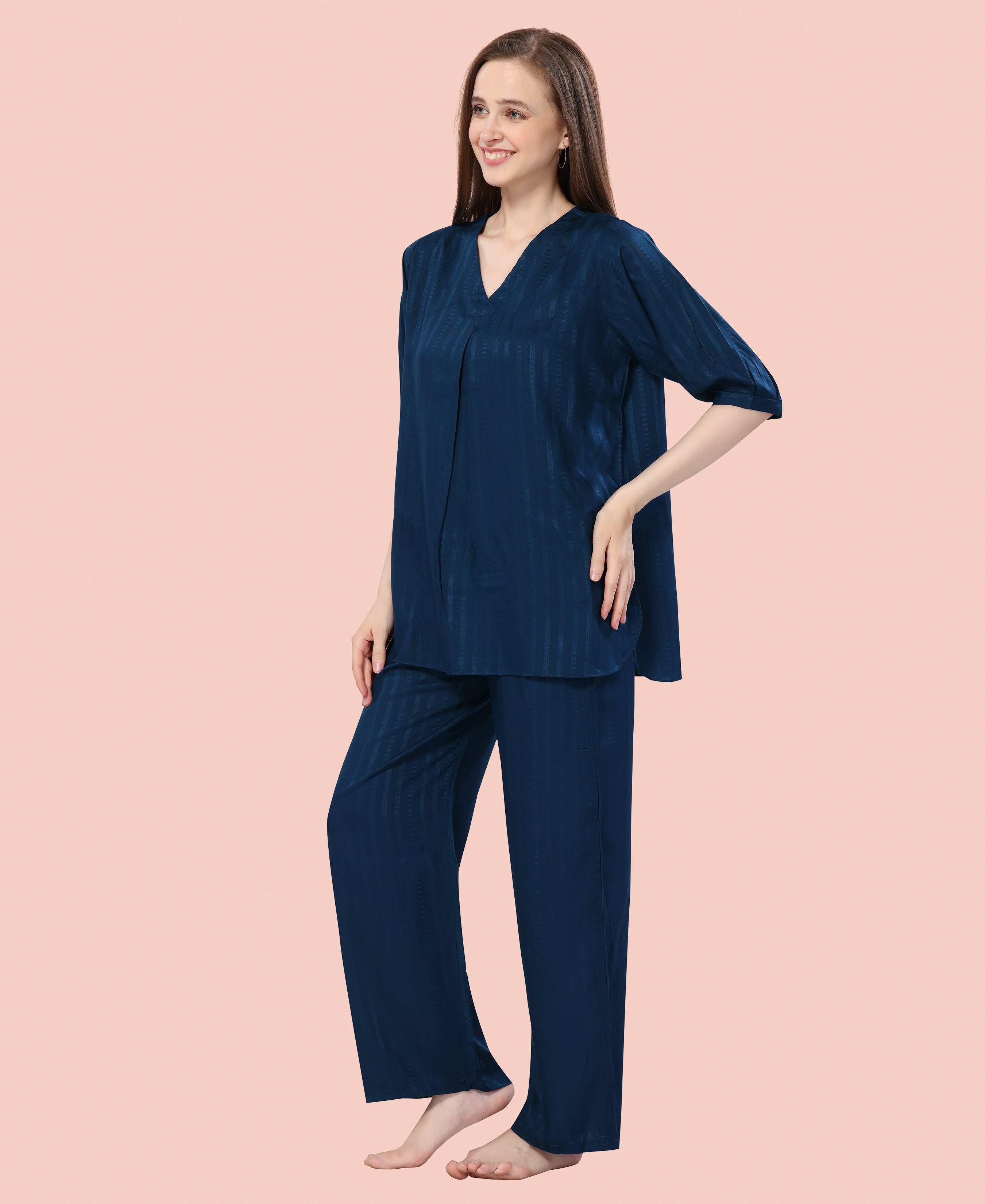 Velure Stylish Teal Blue Kurti Style Night Suit - Velure - - 3/4 Sleeves, Collar Neck, Cotton, Front Button Open, Full Length Pant