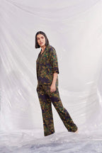 Velure Floral Print Satin Night Suit - Velure - Shirt and Pant - 3/4 Sleeves, Collar Neck, Floral Print, Front Button Open, Full Length Pant, Satin