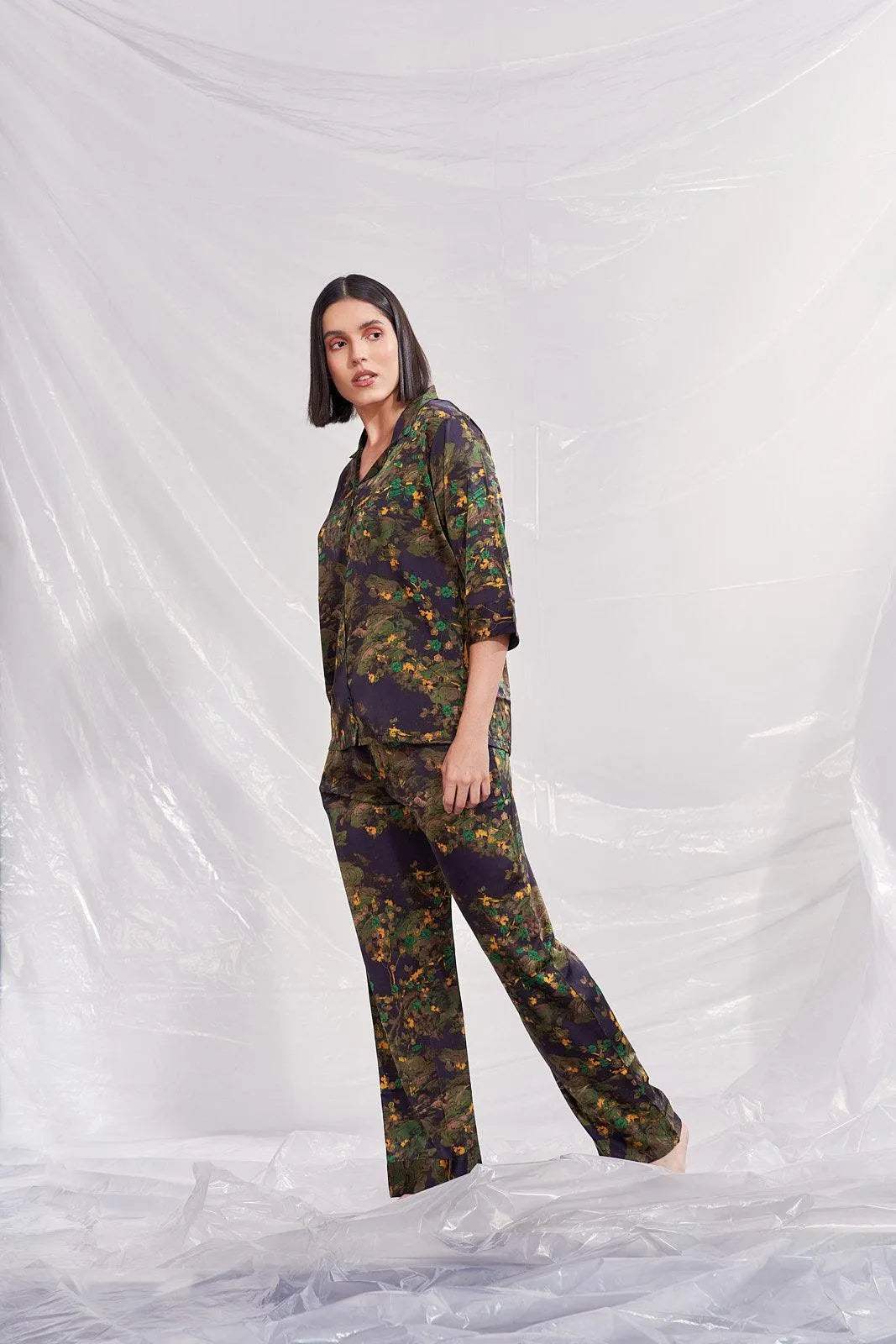 Velure Floral Print Satin Night Suit - Velure - Shirt and Pant - 3/4 Sleeves, Collar Neck, Floral Print, Front Button Open, Full Length Pant, Satin