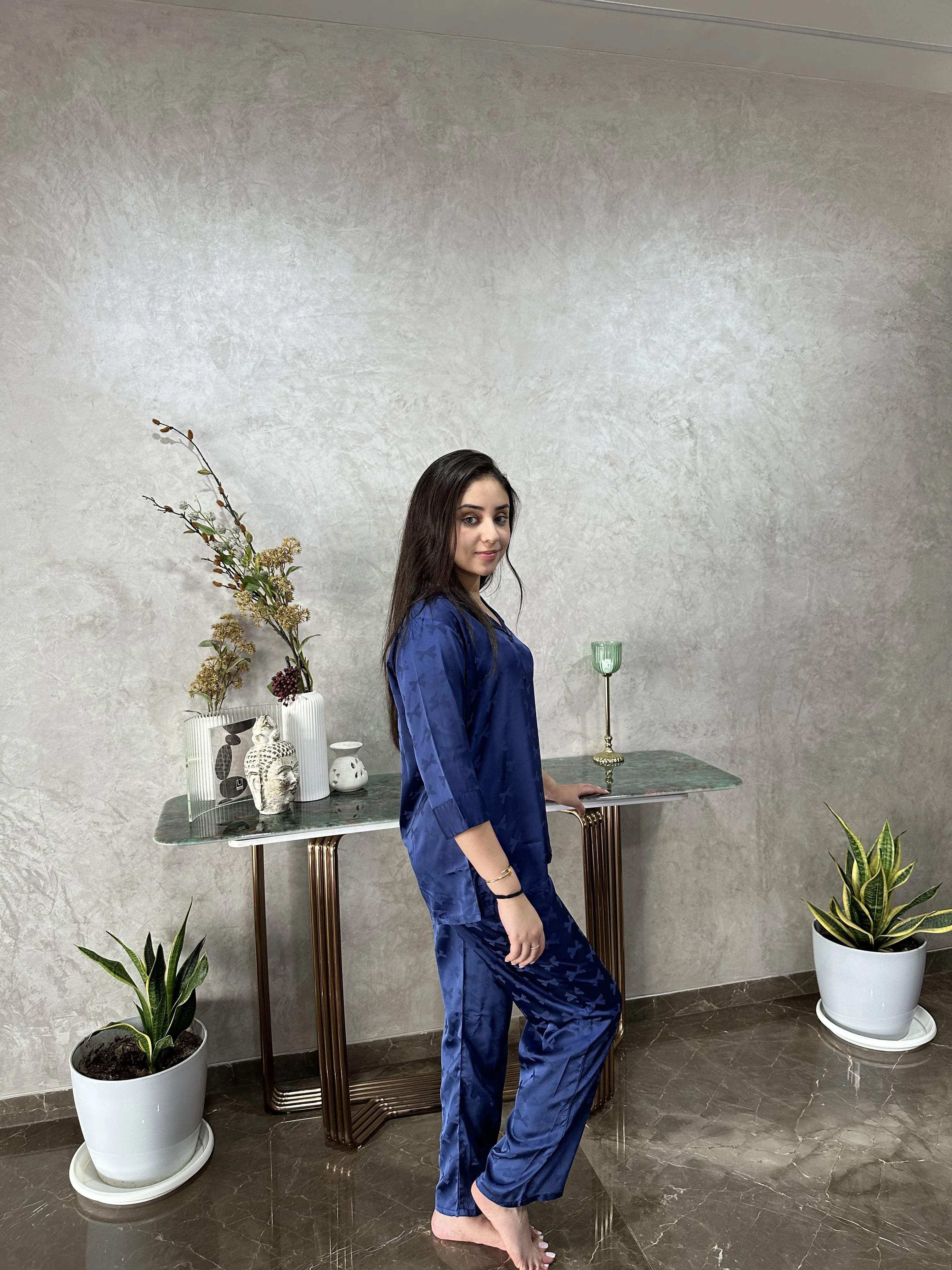 Velure Ribbin Bow Satin Print Satin Night Suit - Velure - - 3/4 Sleeves, Collar Neck, Front Button Open, Full Length Pant, Satin
