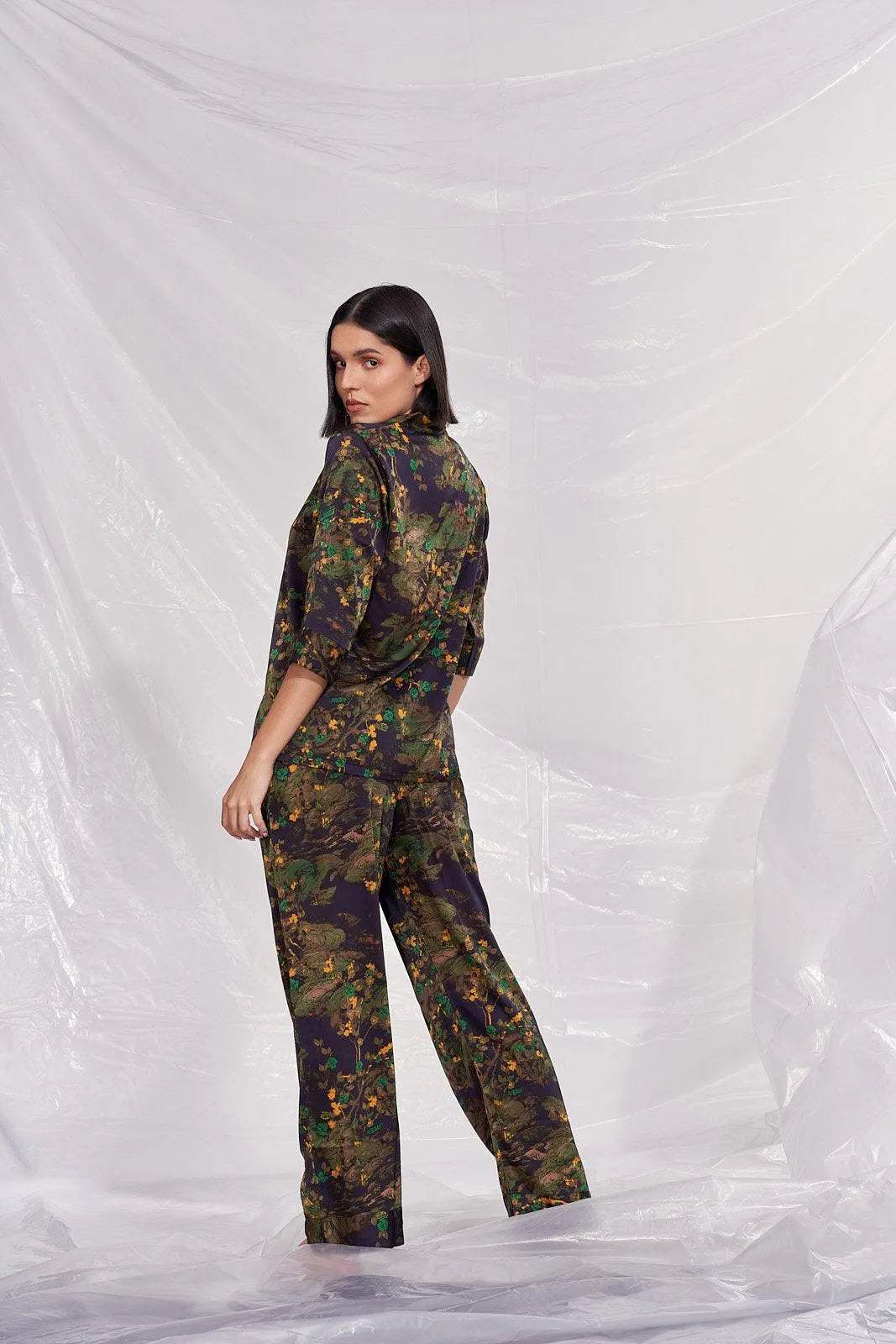 Velure Floral Print Satin Night Suit - Velure - Shirt and Pant - 3/4 Sleeves, Collar Neck, Floral Print, Front Button Open, Full Length Pant, Satin