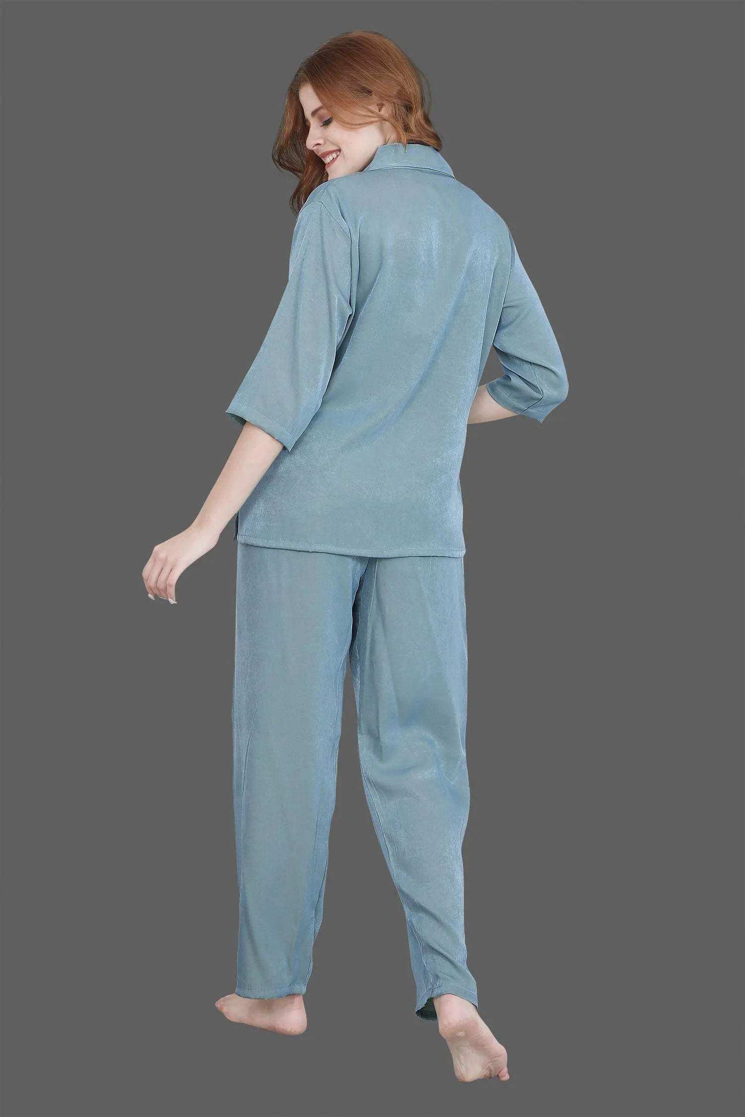 Velure Solid Blue Casual Co-ord Set - Velure - - 3/4 Sleeves, Collar Neck, Cotton, Front Button Open, Full Length Pant