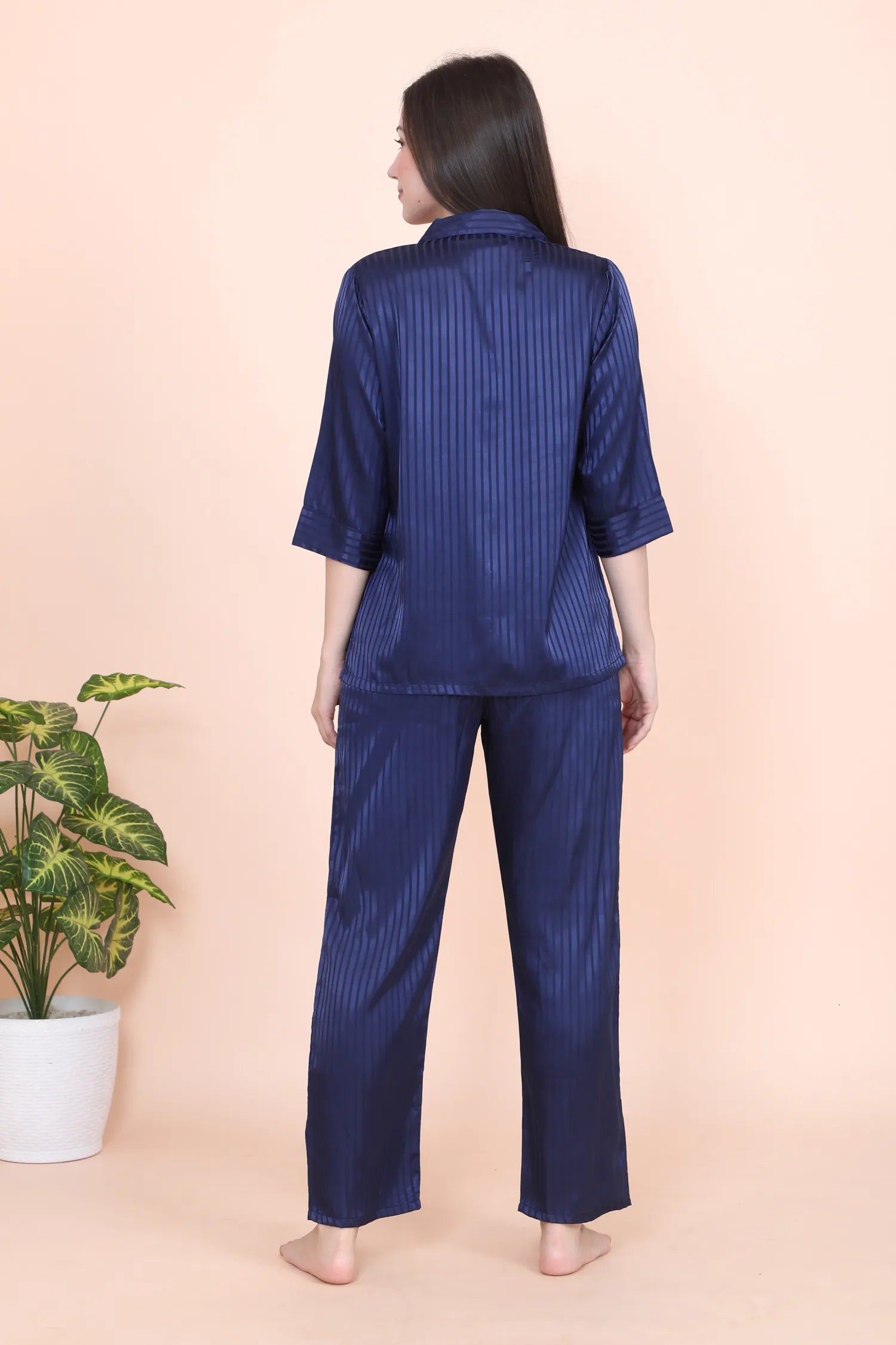 Velure Blue Casual Stripes Satin Night Suit