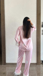 Velure Elegant Heart Print Satin Fur Night Suit - Velure - Shirt and Pant - Detail-printedfur, Front Button Open, Full Length Pant, Fur, Satin