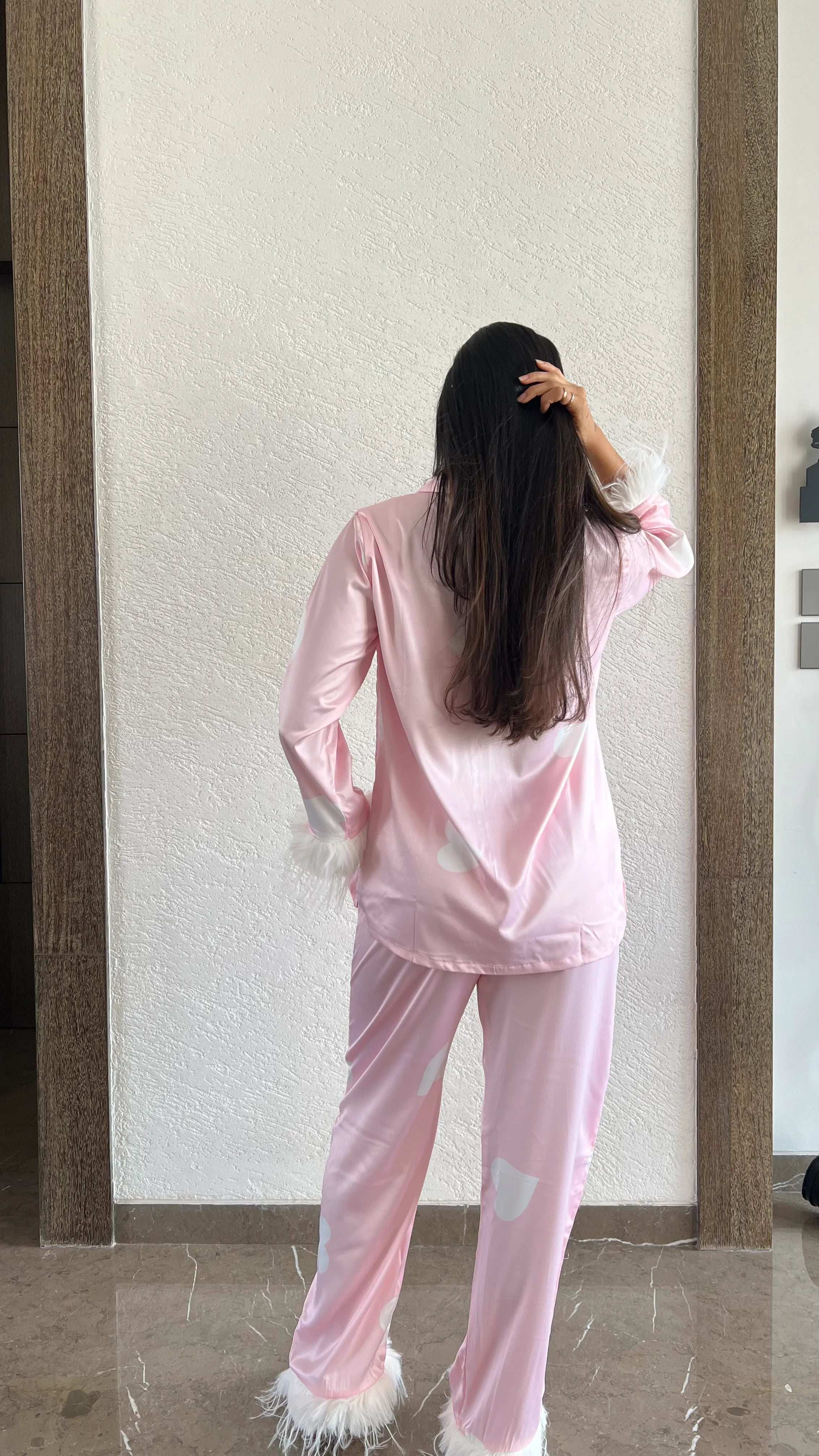 Velure Elegant Heart Print Satin Fur Night Suit - Velure - Shirt and Pant - Detail-printedfur, Front Button Open, Full Length Pant, Fur, Satin