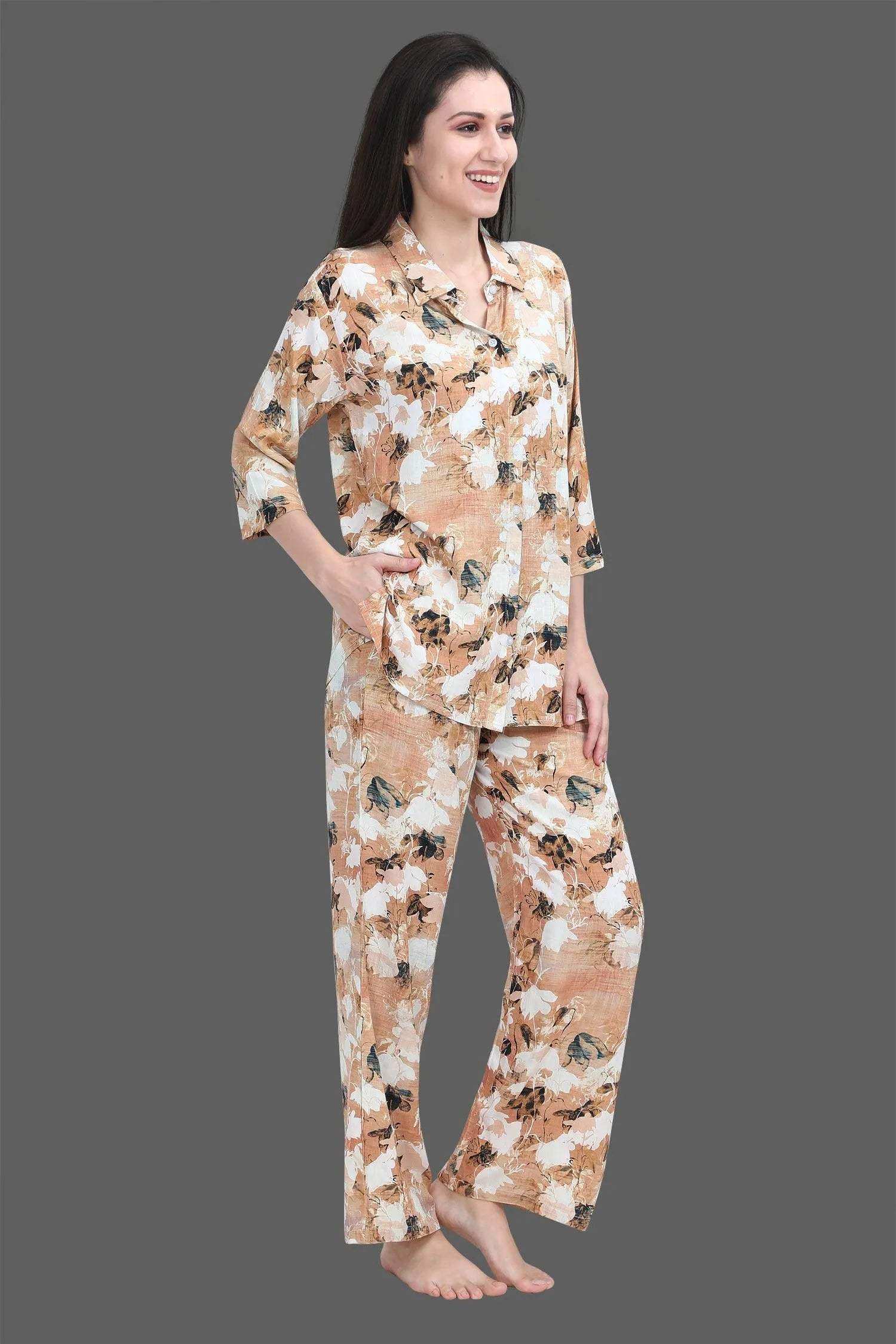 Velure Classic Floral Print Palazzo Co-ord Set - Velure - - 3/4 Sleeves, Collar Neck, Front Button Open, Full Length Pant, Linen