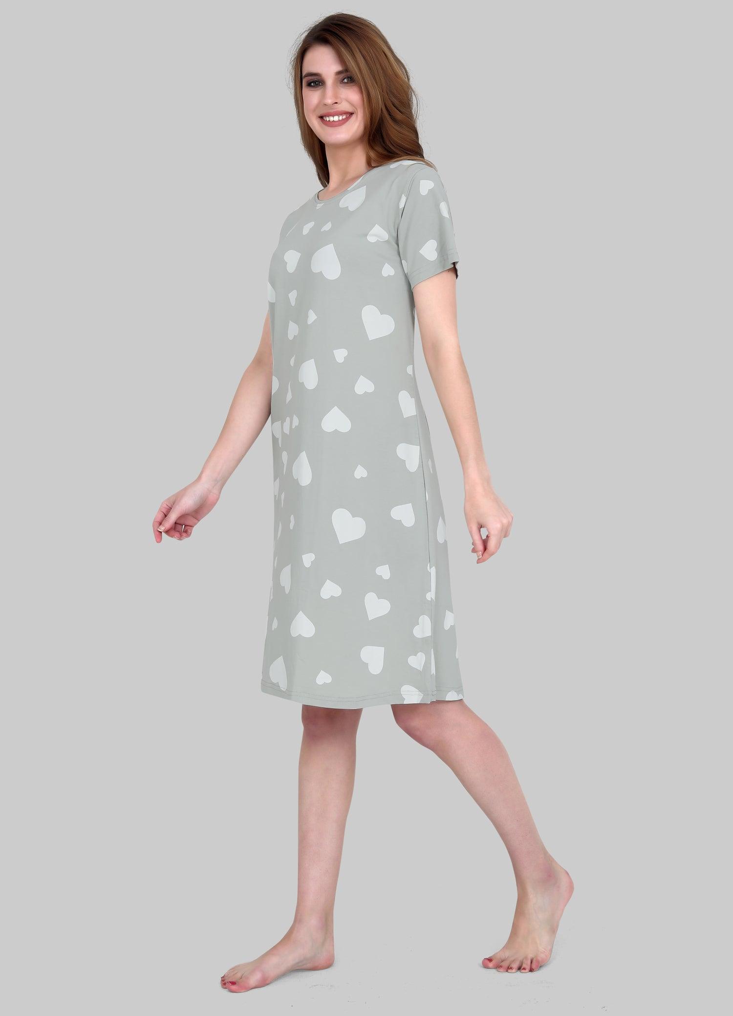 Velure Fashionable All-Over Heart Print Short Nighty - Velure - Short Nighty - Cotton, Half Sleeves, Knee Length, Printed, Round neck