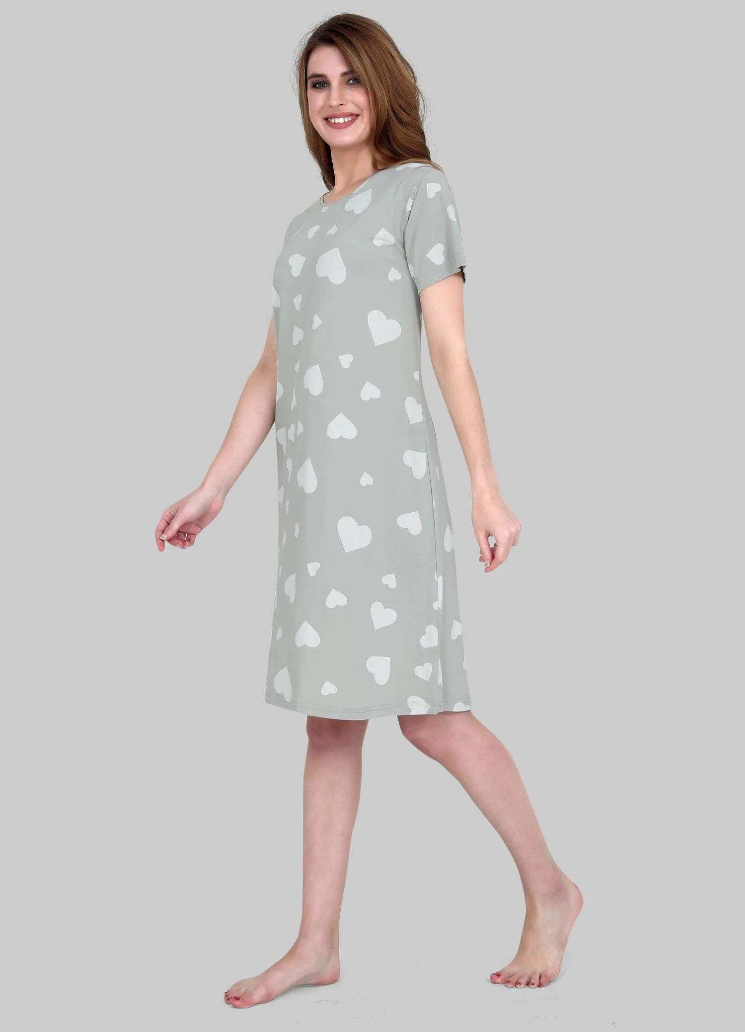 Velure Fashionable All-Over Heart Print Short Nighty - Velure - - Cotton, Half Sleeves, Knee Length, Printed, Round neck
