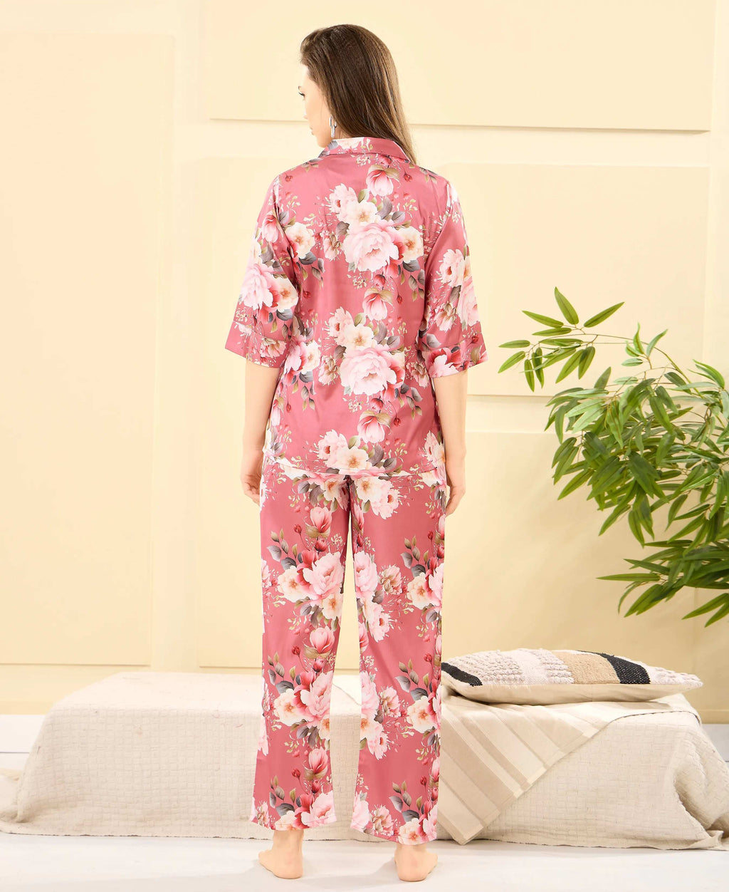 Velure Stylish Floral Print Night Suit - Velure - - 3/4 Sleeves, Collar Neck, Floral Print, Front Button Open, Full Length Pant, Satin
