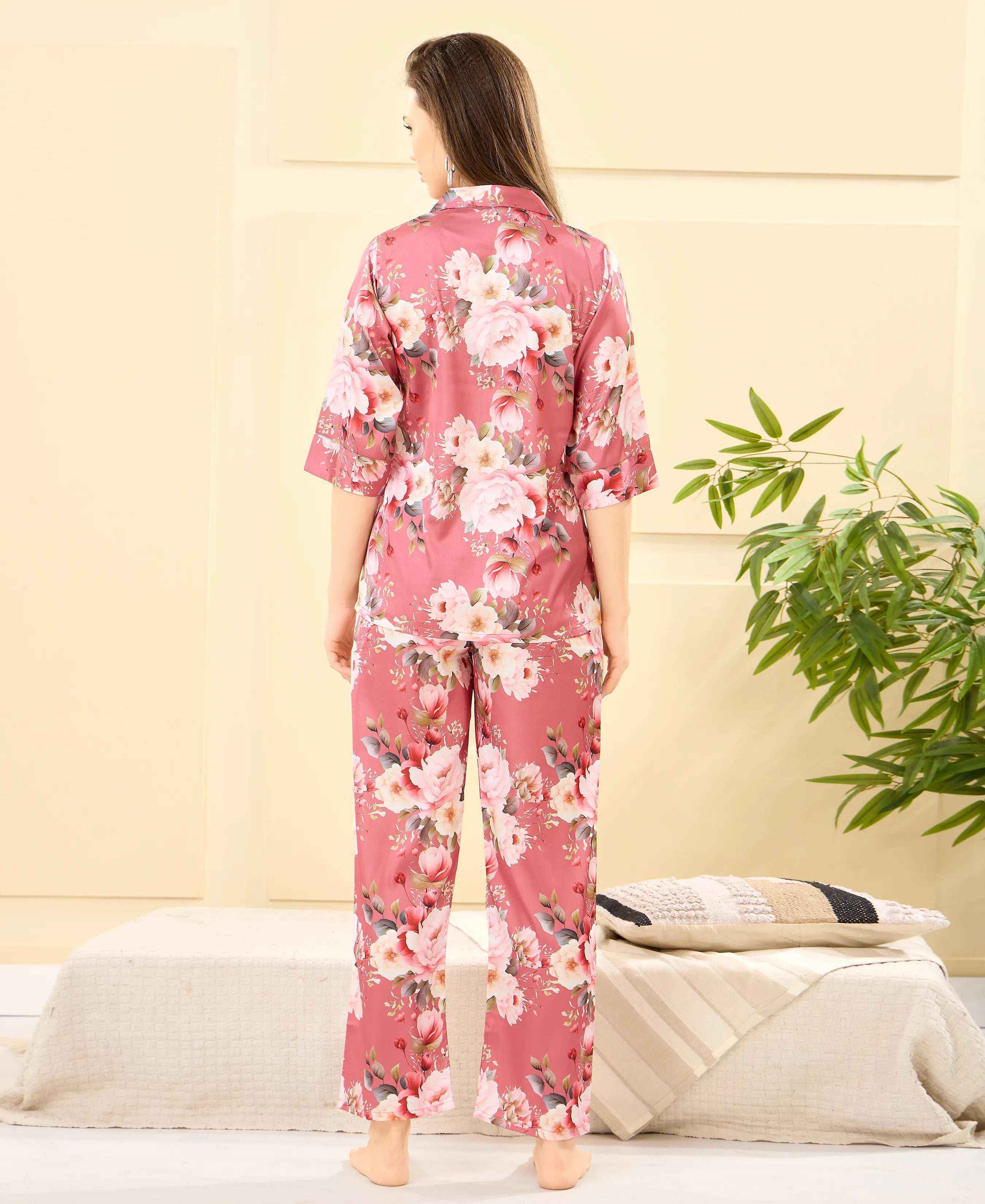 Velure Stylish Floral Print Night Suit - Velure - - 3/4 Sleeves, Collar Neck, Floral Print, Front Button Open, Full Length Pant, Satin
