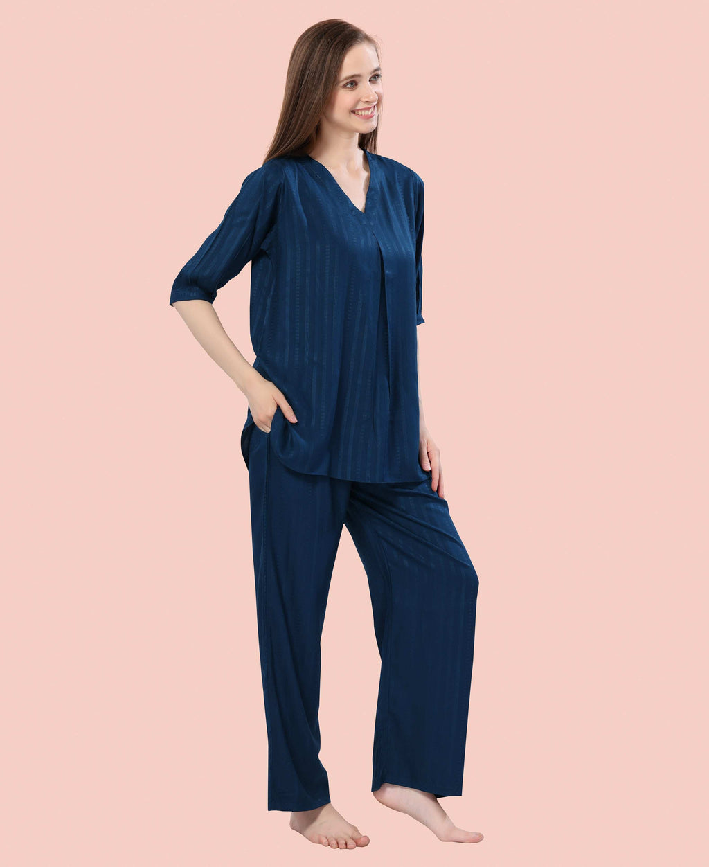 Velure Stylish Teal Blue Kurti Style Night Suit - Velure - - 3/4 Sleeves, Collar Neck, Cotton, Front Button Open, Full Length Pant