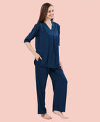 Velure Stylish Teal Blue Kurti Style Night Suit - Velure - - 3/4 Sleeves, Collar Neck, Cotton, Front Button Open, Full Length Pant