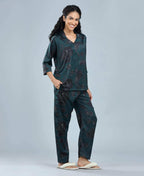 Velure Delightful Floral Satin Print Night Suit - Velure - - Collar Neck, Floral Print, Front Button Open, Full Length Pant, Satin