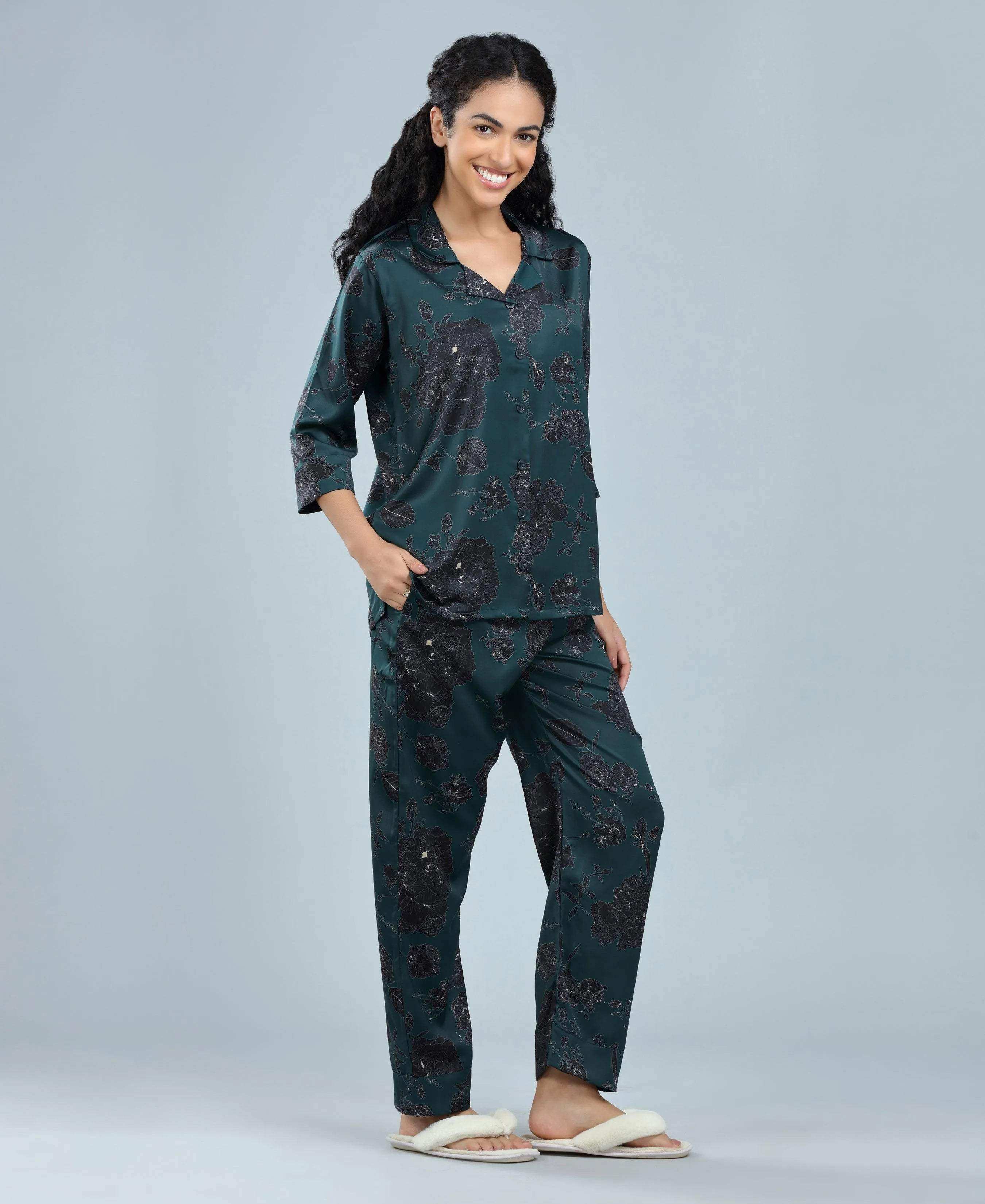 Velure Delightful Floral Satin Print Night Suit - Velure - - Collar Neck, Floral Print, Front Button Open, Full Length Pant, Satin