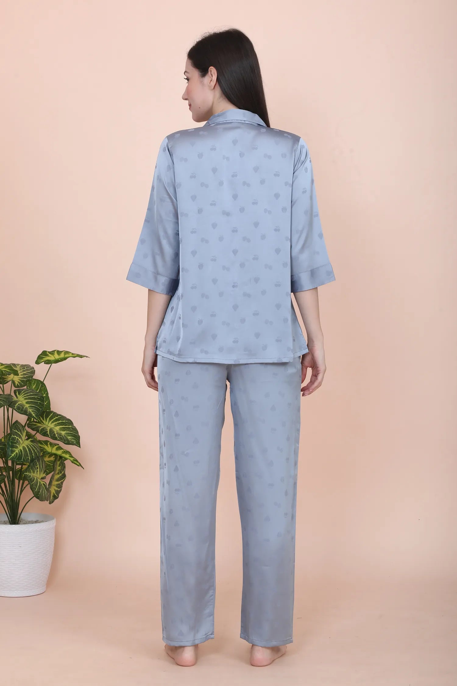 Velure Casual Cherry Print Satin Night Suit - Velure - - 3/4 Sleeves, Collar Neck, Front Button Open, Full Length Pant, Printed, Satin