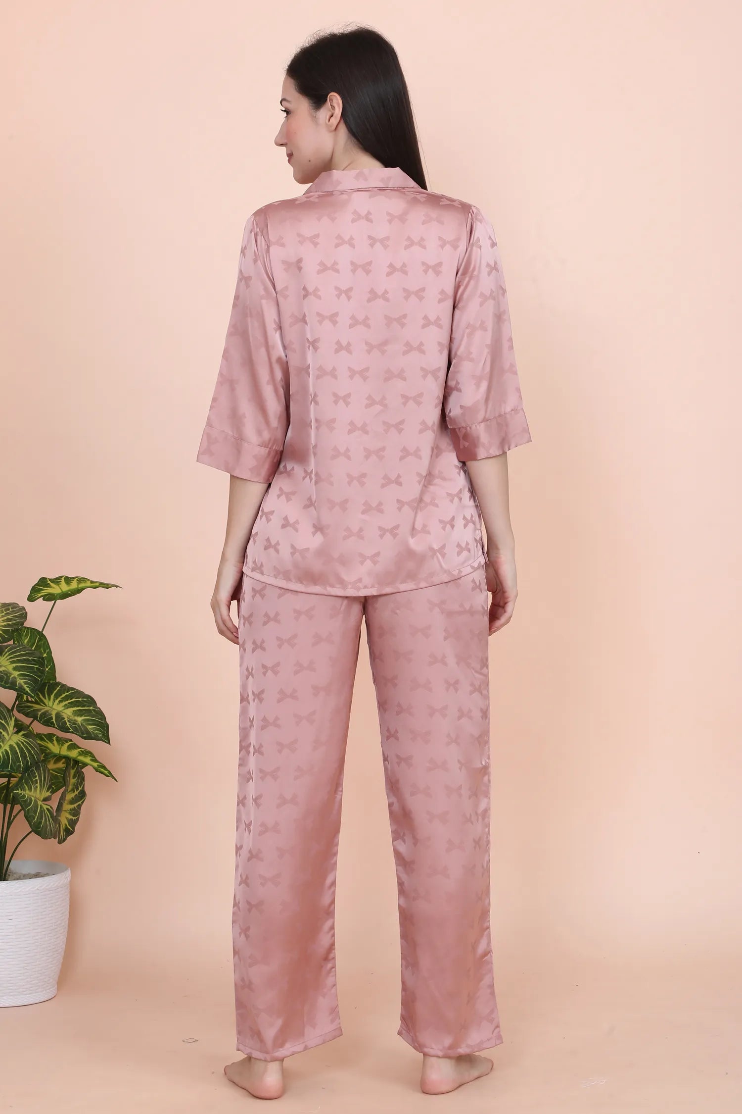 Velure Stunning Peach Bow Print Satin Night Suit